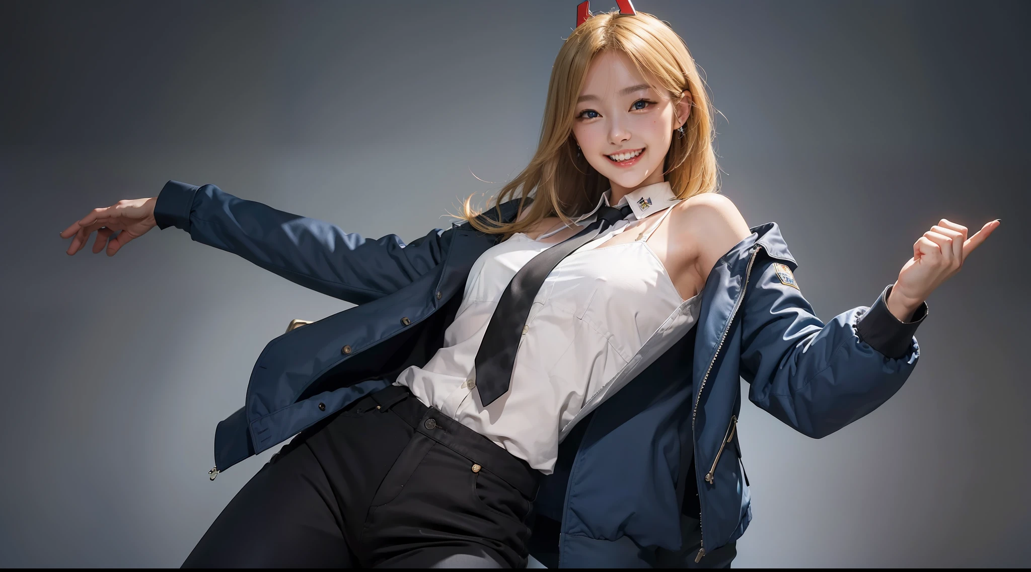 (masterpiece, best quality:1.2), cowboy shot, solo, 1girl, power \(csm\), sharp teeth, grin, looking at viewer, cross-shaped pupils, blue jacket, collared shirt, black necktie, black pants, blond hair