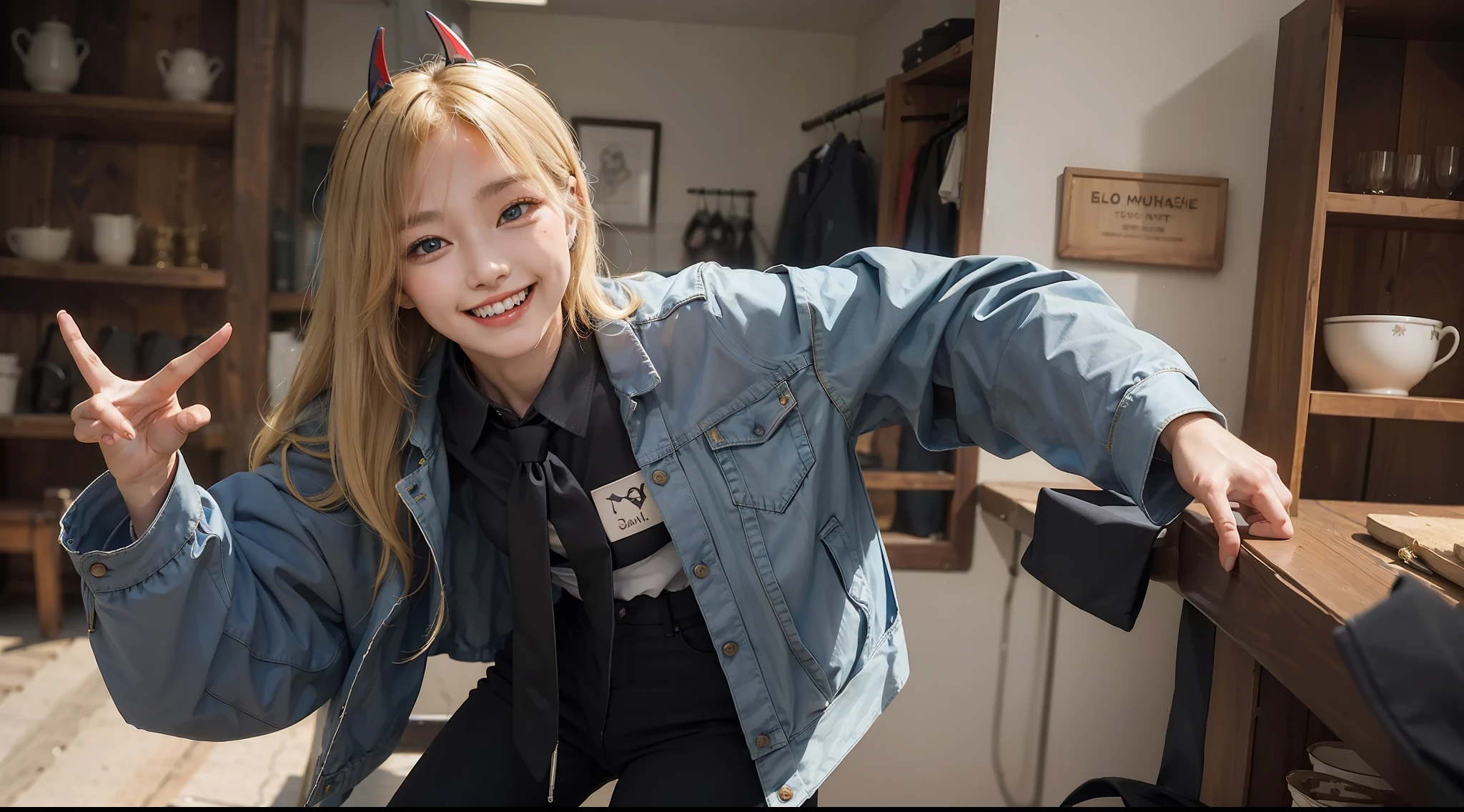 (masterpiece, best quality:1.2), cowboy shot, solo, 1girl, power \(csm\), sharp teeth, grin, looking at viewer, cross-shaped pupils, blue jacket, collared shirt, black necktie, black pants, blond hair
