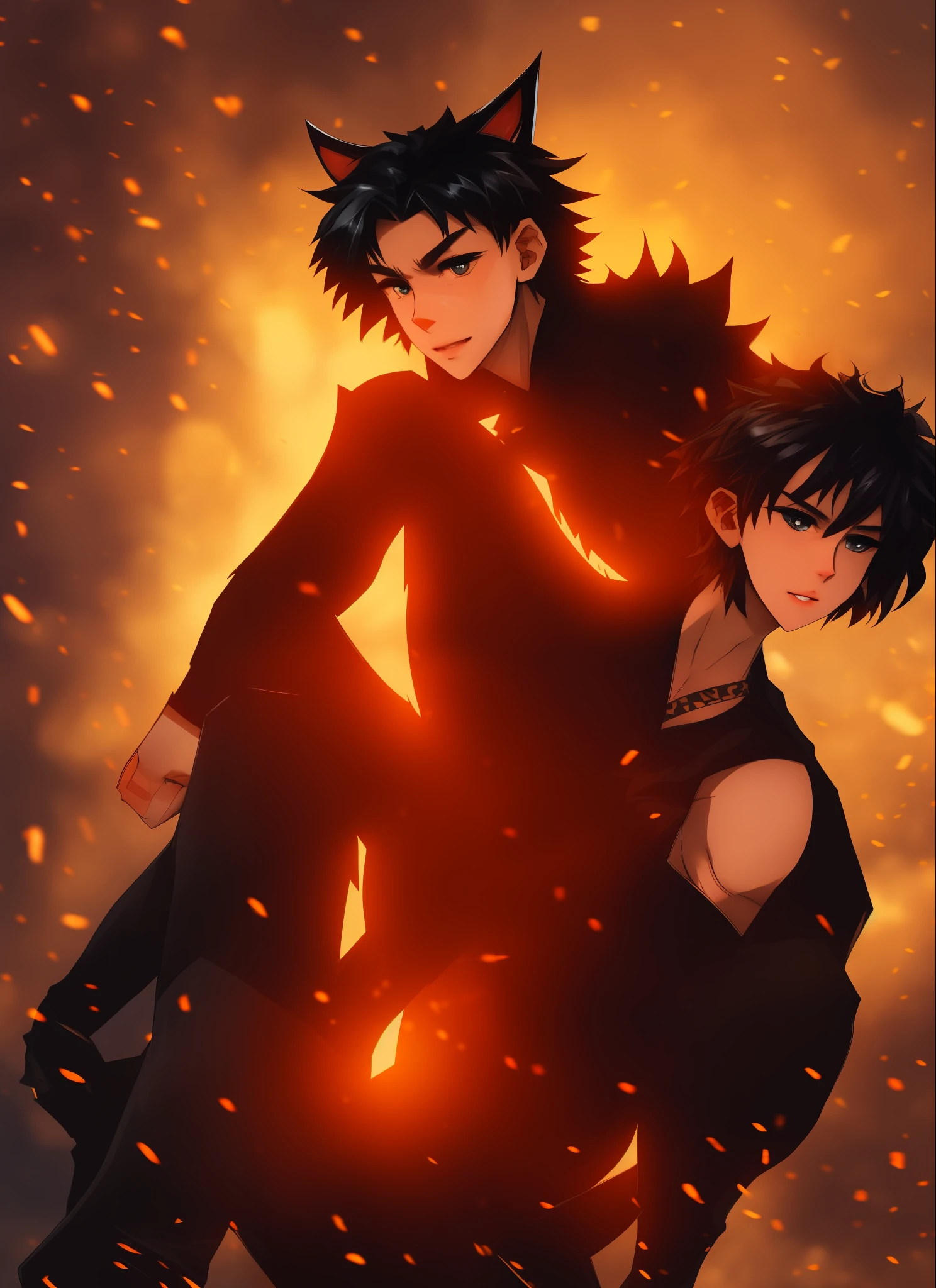 21 year old man, toned, flexing, sharp big cat ears, cat tail, big black messy hair, extremely vibrant red eyes, masterpiece, vibrant, bodysuit , slim dark black hoodie, full body view, cute face, black thigh socks, combat boots.