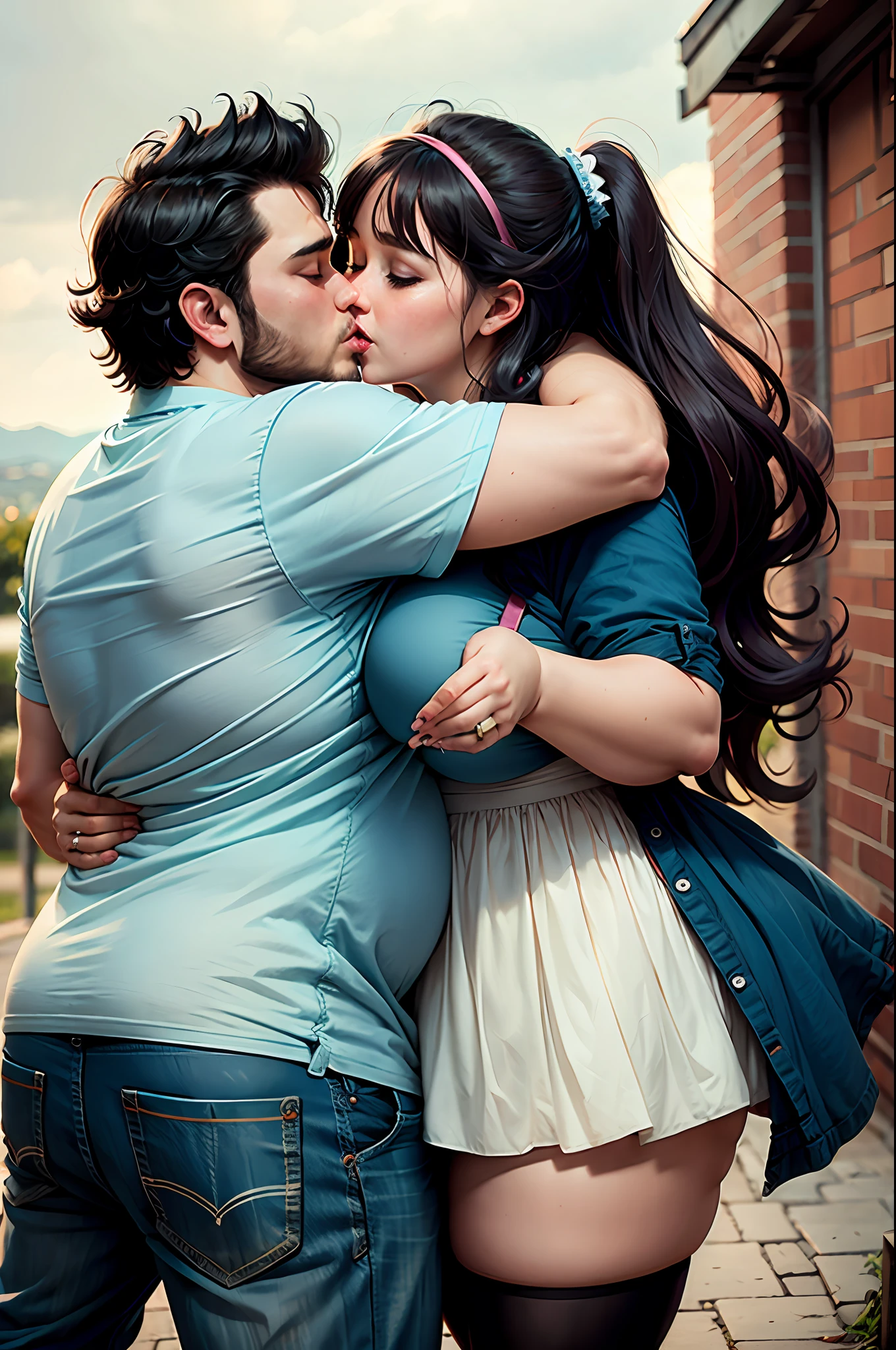 Romantic fat couple kissing in the classic wind