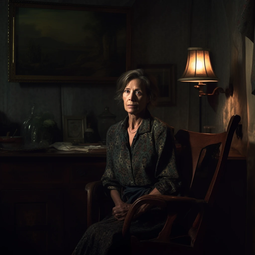 Portrait of a 48-year-old British woman, sitting, (dark private study, old furniture, dark and moody lights: 1.2)