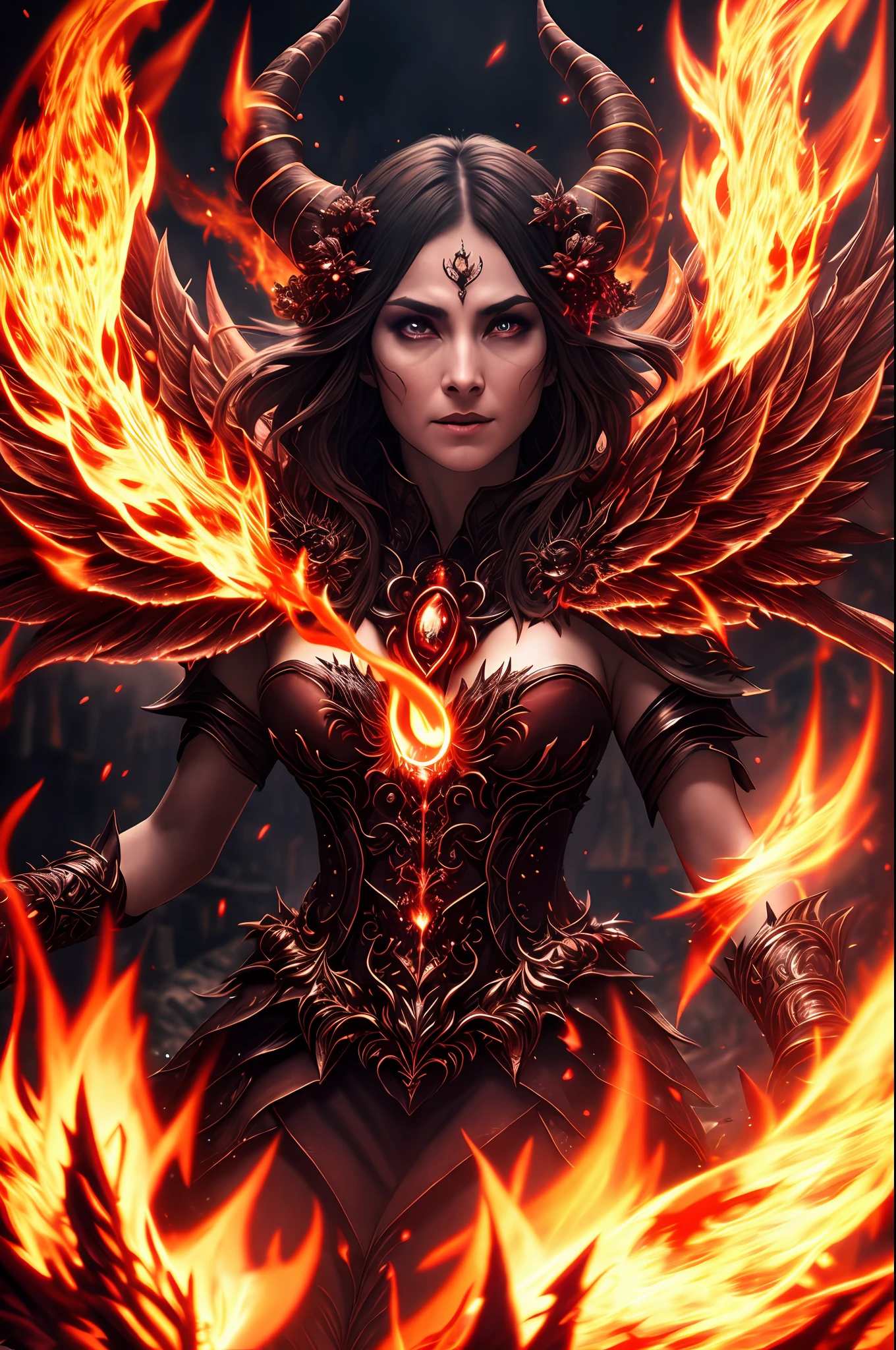 (extremely detailed 8k wallpaper)+, a medium shot photo of a demonic sorceress conjuring fire in a burning and destroyed village, Intricate, High Detail, dramatic, best quality masterpiece, photorealistic, detailed, 8k, HDR, backlighting, bloom, light sparkles, chromatic aberration, sharp focus