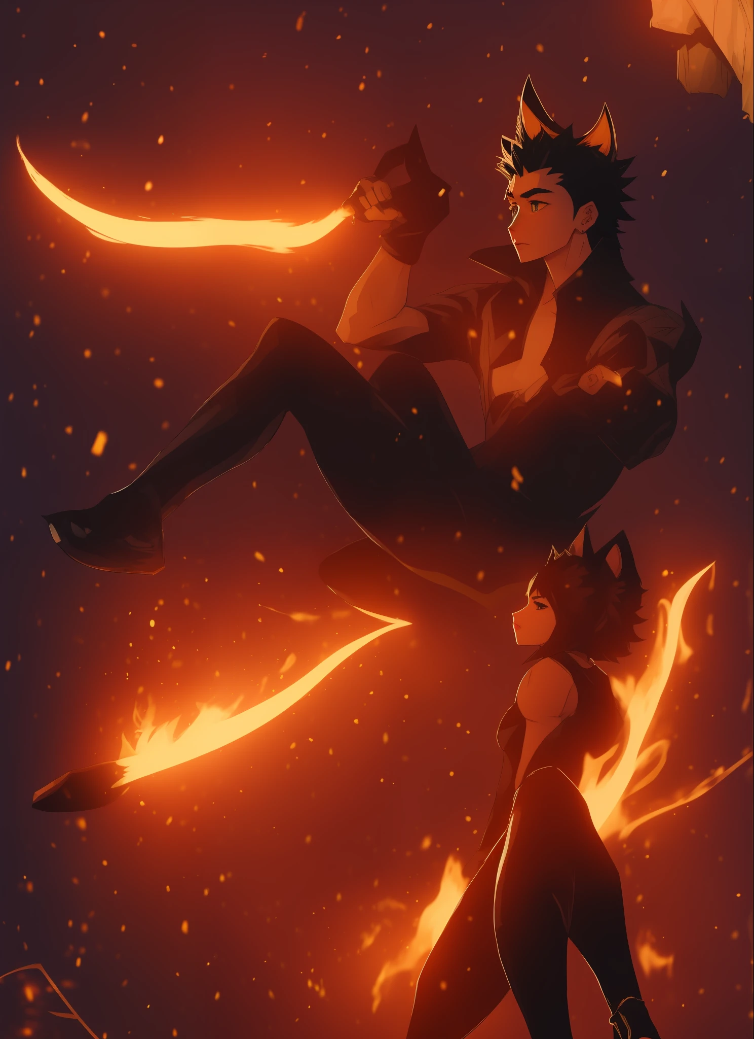 21 year old man, toned, flexing, sharp big cat ears, cat tail, big black messy hair, extremely vibrant red eyes, masterpiece, vibrant, bodysuit , slim dark black hoodie, full body view, cute face, black thigh socks, combat boots.