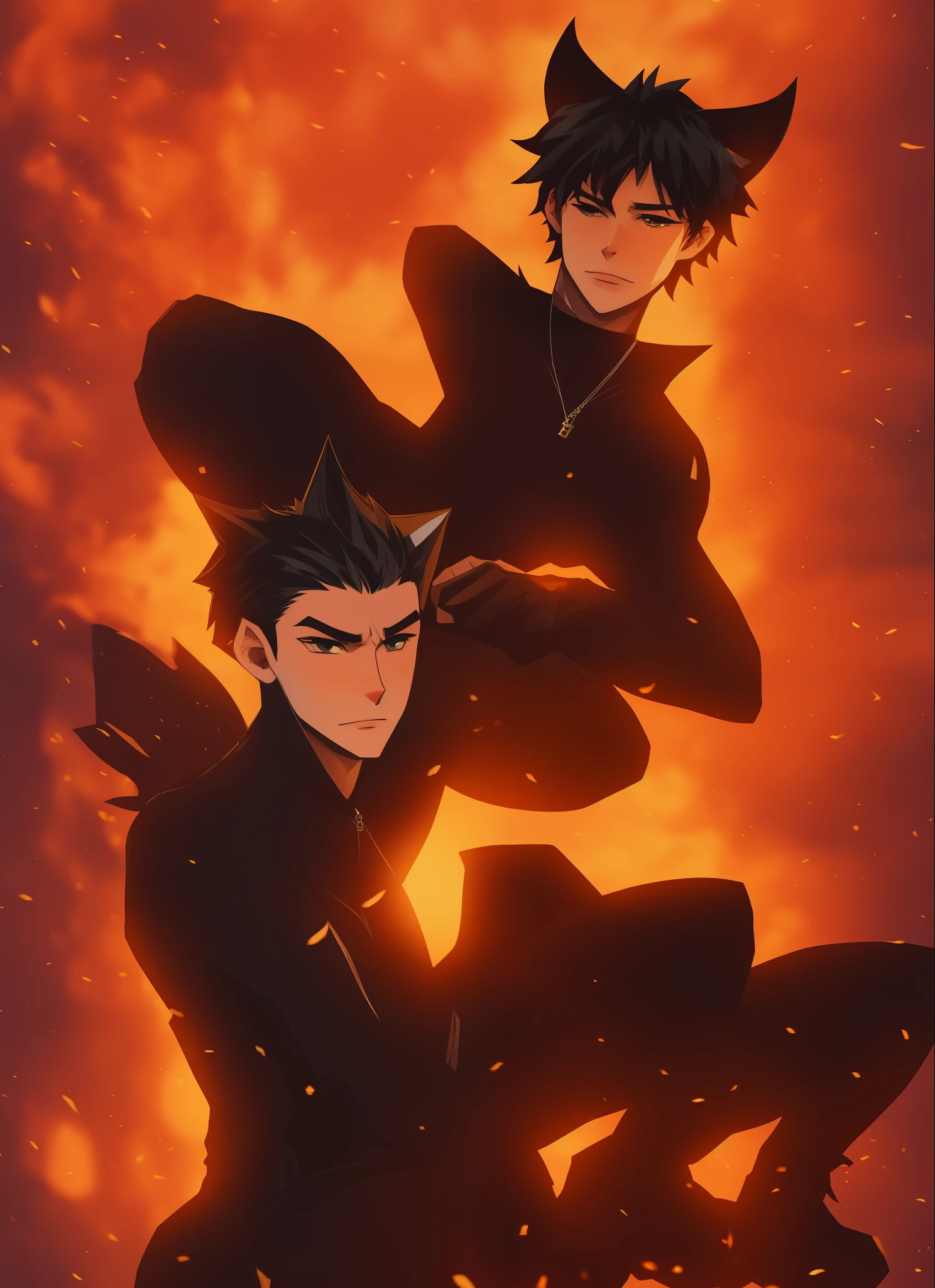 21 year old man, toned, flexing, sharp big cat ears, cat tail, big black messy hair, extremely vibrant red eyes, masterpiece, vibrant, bodysuit , slim dark black hoodie, full body view, cute face, black thigh socks, combat boots.