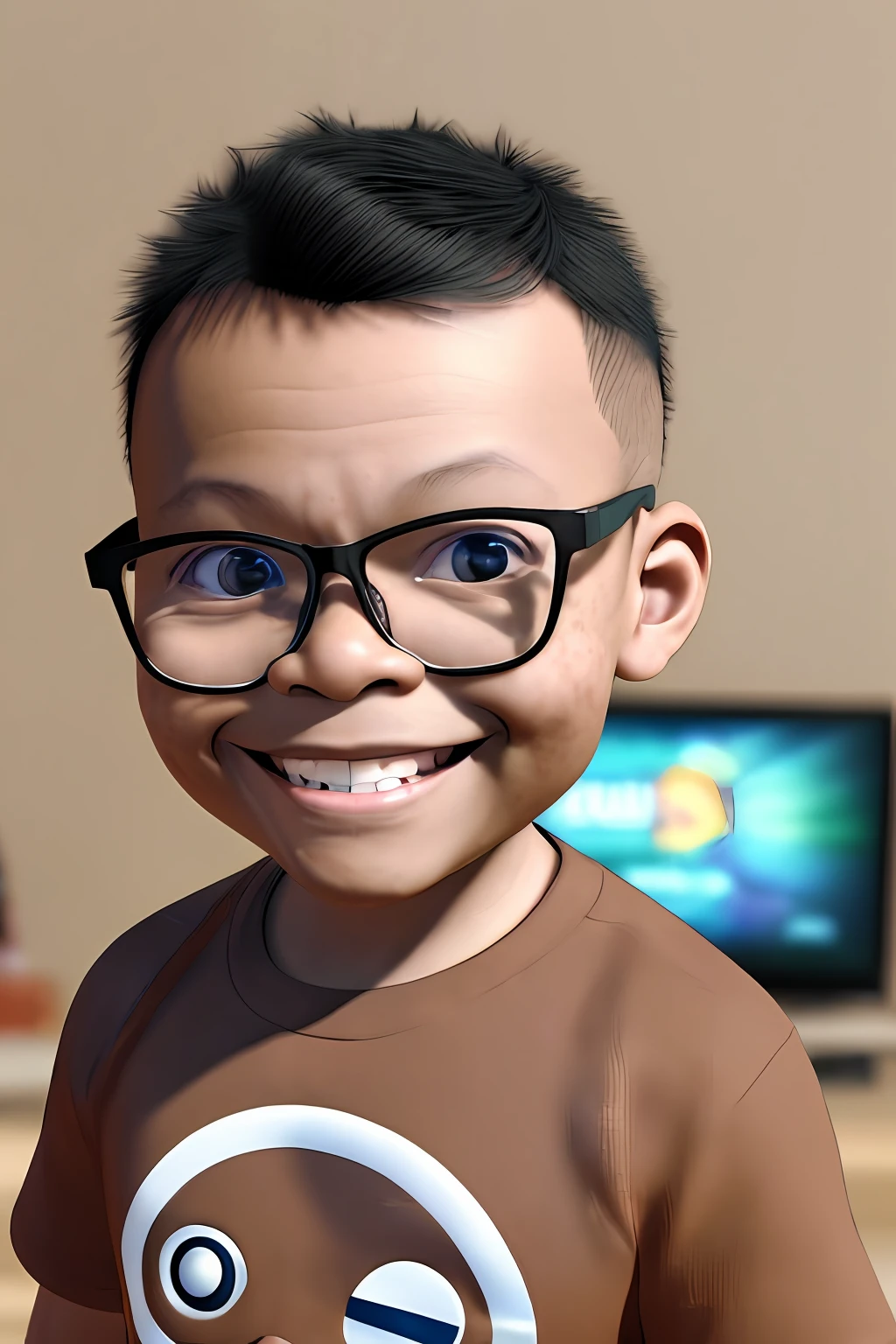 guttonerdvision3, a 3-year-old boy wearing glasses, light brown skin, skin details, smiling. Television news scenario. Chibi style drawing, detailed, unreal engine, background blur, 8k