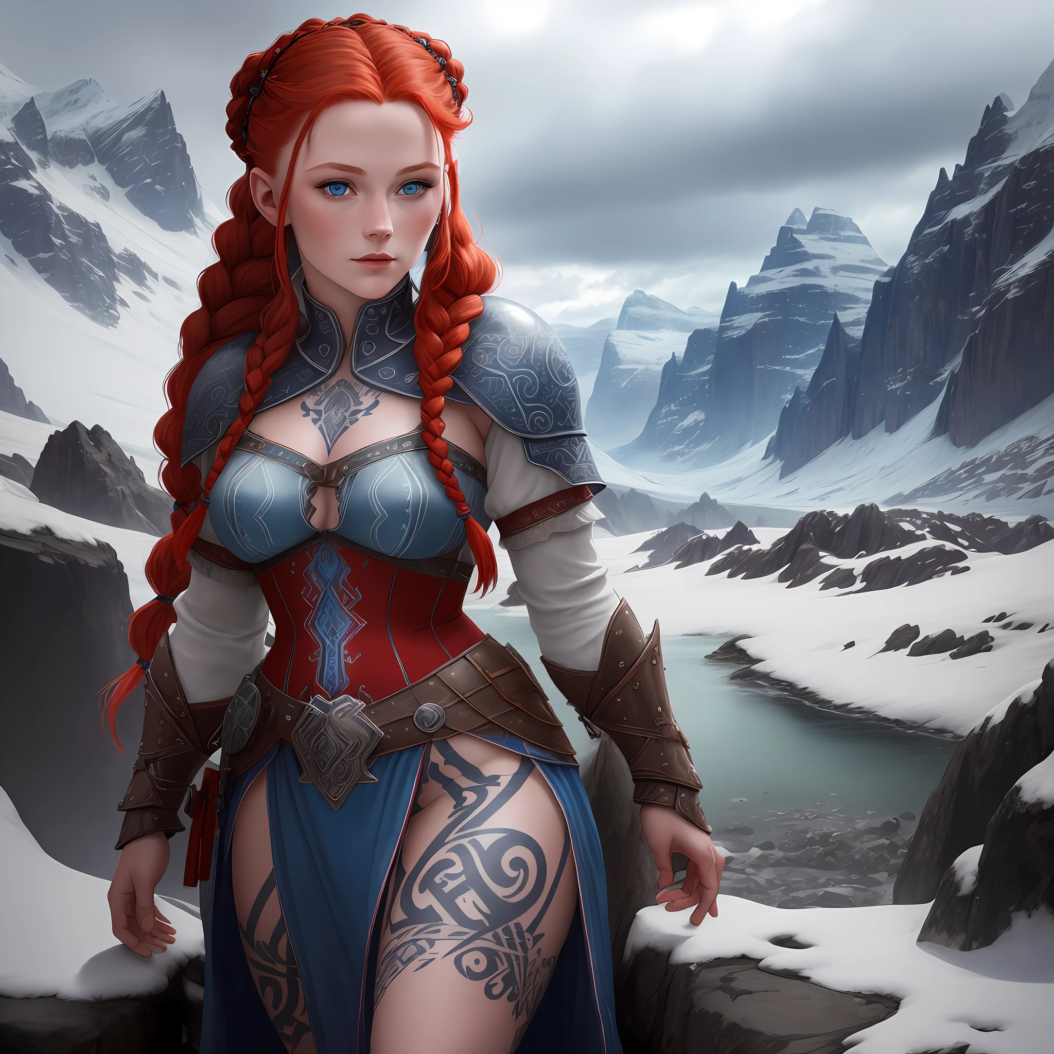 Ultra-detailed and realistic image of a delicate Viking lady around the age of 20, with heavily tattooed skin, red hair with braids, vibrant blue eyes, in a mountainous and cloudy setting full of mystery and grandeur