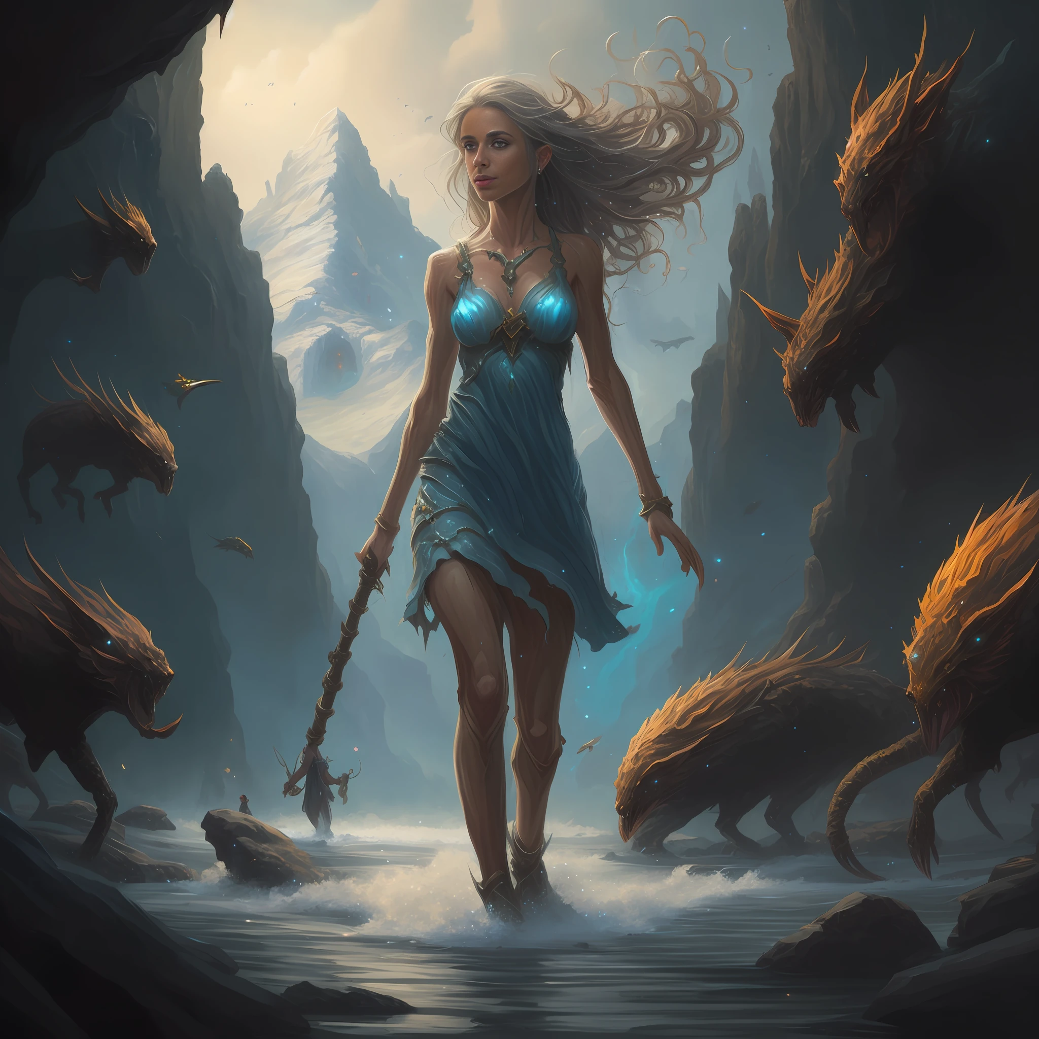 painting of a woman walking through a cave with a staff, symmetrical epic fantasy art, epic fantasy illustration, fantasy genre portrait, epic fantasy card game art, realistic fantasy illustration, epic fantasy novel cover art, epic fantasy digital art style, fantasy card game art, epic fantasy art, epic fantasty card game art, epic fantasy art style, epic fantasy sci fi illustration