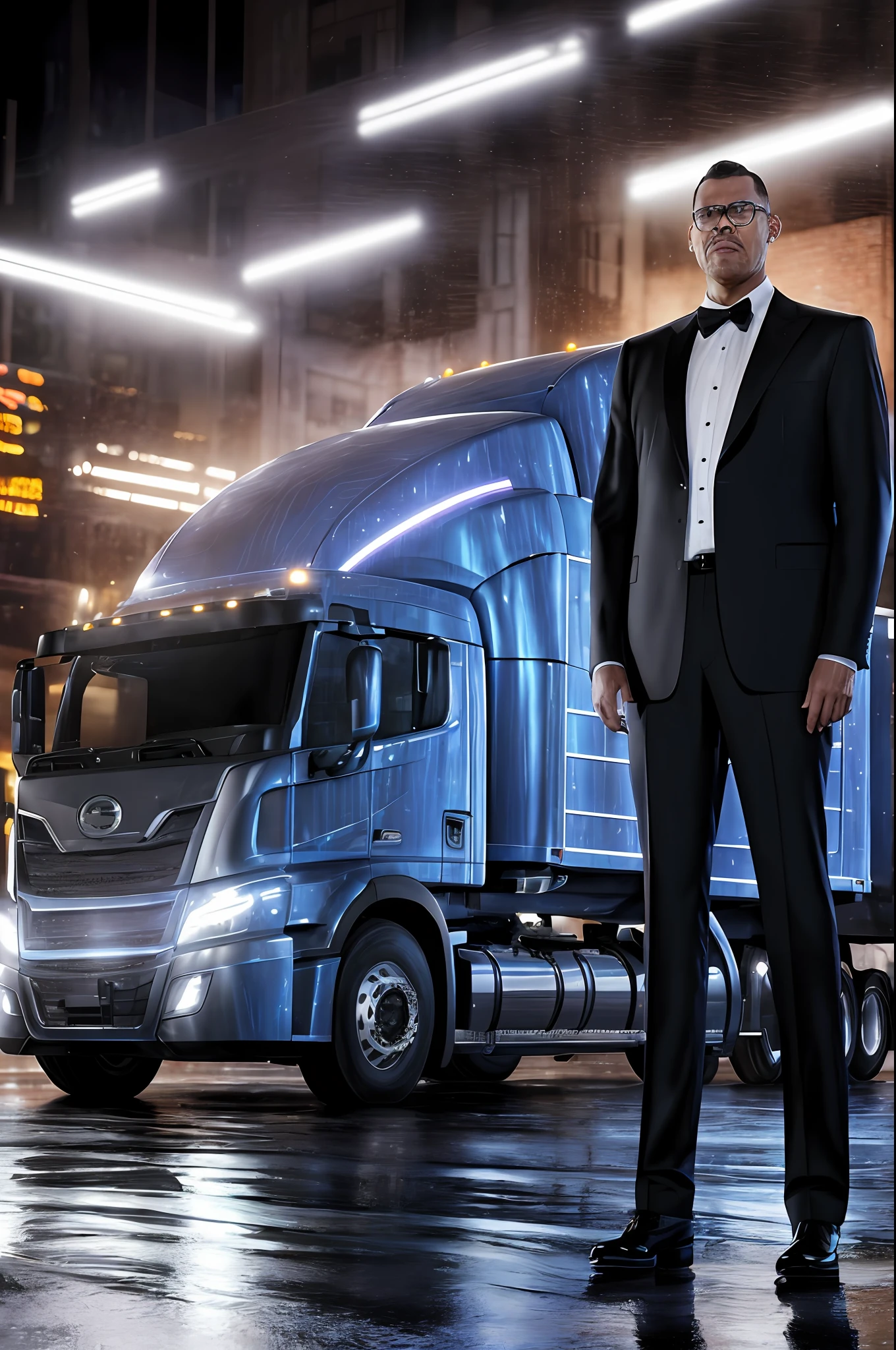 GuttonerdVision3, a white man in black suit, detailed face, standing next to a silver camion JAC, on a street with wet floor, night, illuminated buildings. Realistic drawing, unreal engine, background blur, 8k, very detailed, strokes of designer alex ross.