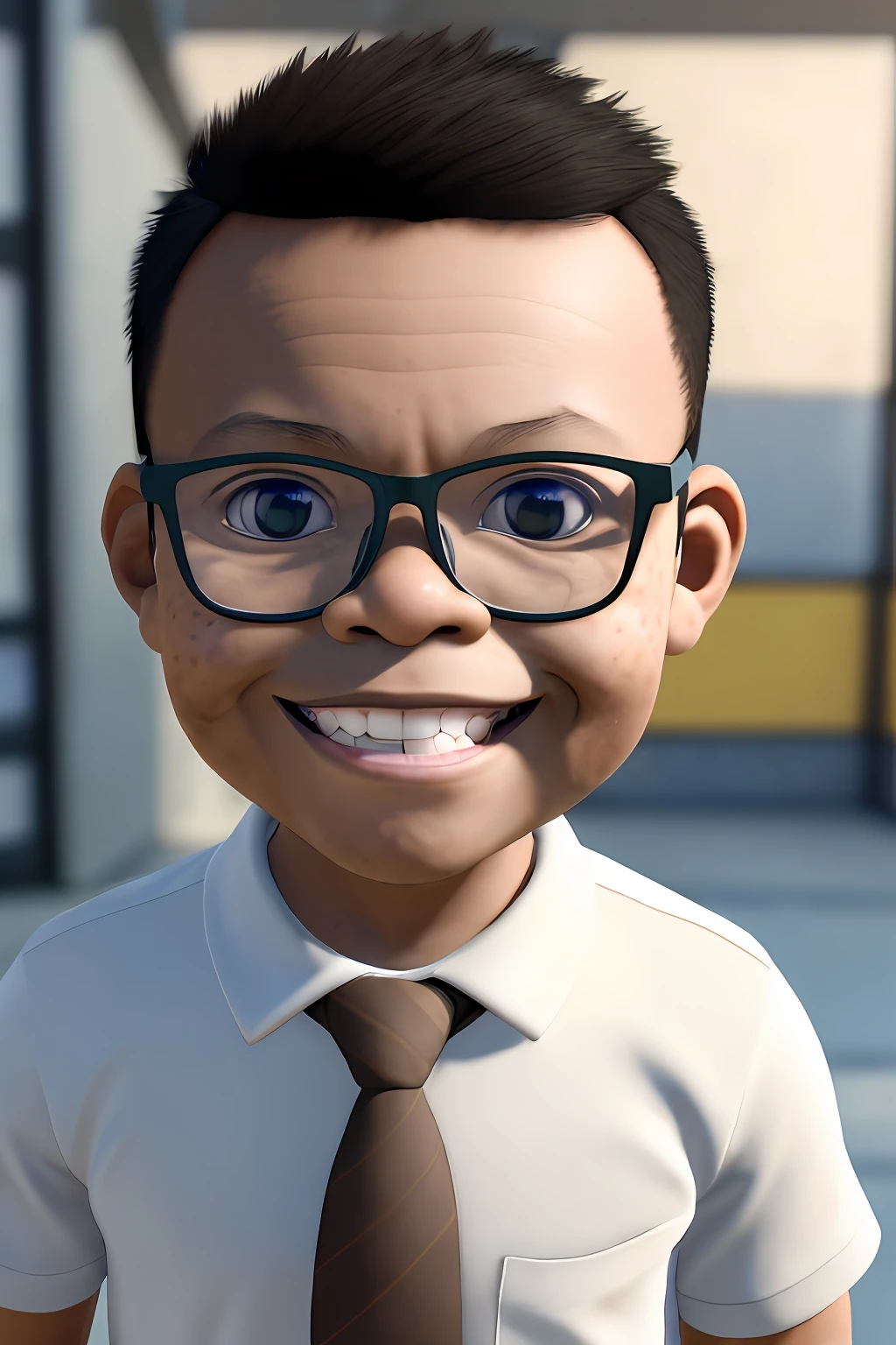 guttonerdvision3, a 3-year-old boy wearing glasses, light brown skin, in a short-sleeved shirt and tie, skin details, smiling. Television news scenario. Chibi style drawing, detailed, unreal engine, background blur, 8k