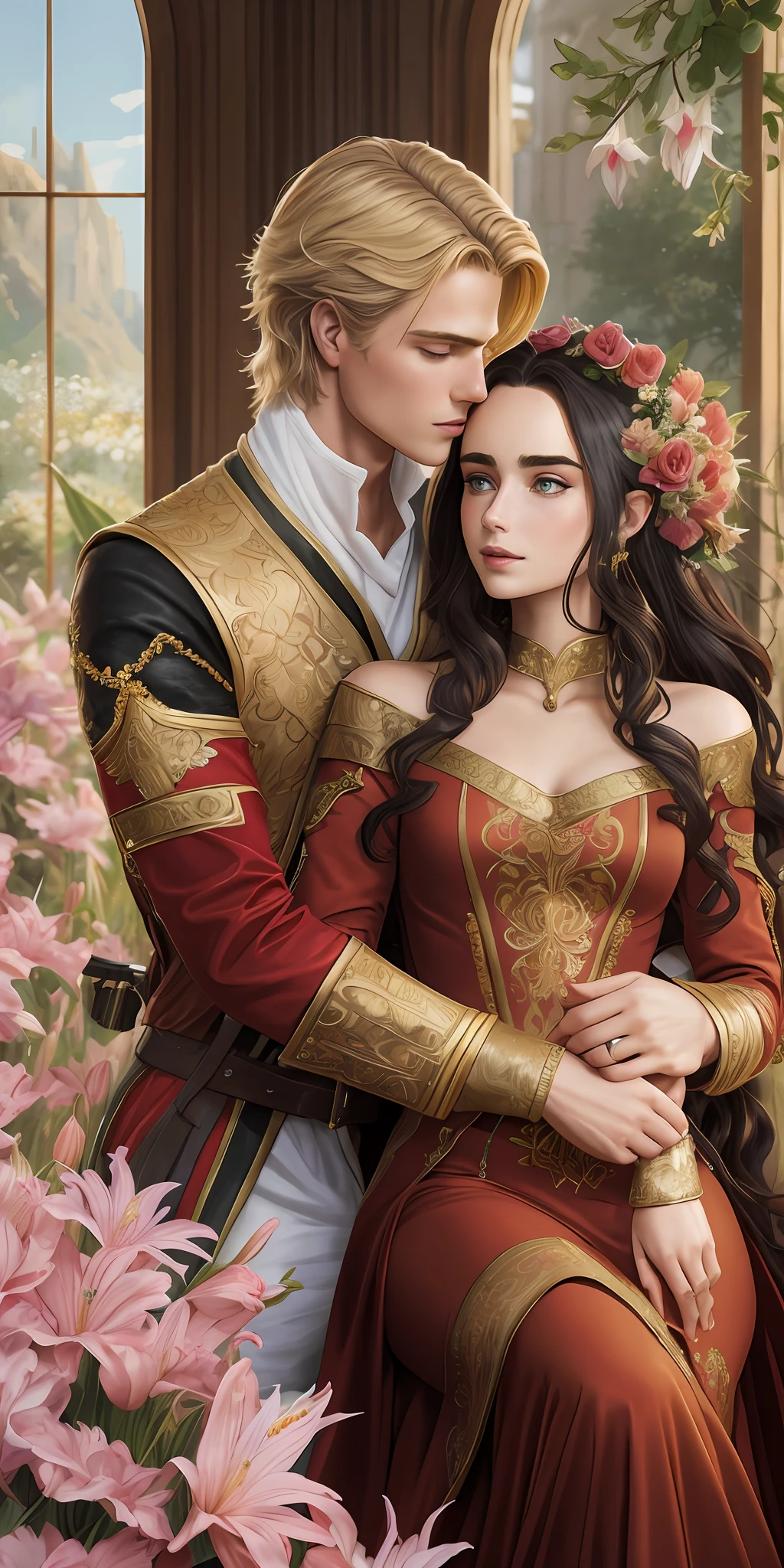 Neels Visser is a prince who has golden blonde hair, wears a medieval military outfit and is in love with commoner Lily Collins, who has curly ebony black hair and wears a simple red dress, the two kiss very affectionately, illustration of a romance book cover with a detailed, soft and bright background full of flowers, modelshoot style, (extremely detailed CG 8k wallpaper), full body photo of the most beautiful artwork in the world, professional majestic oil painting, art by Greg Hildebrandt, Citemer Liu, Stjepan Sejic, Samyang, Aykut Aydogdu, Justin Gerard, Alphonse Mucha, Artgerm, WLOP and Greg Rutkowski