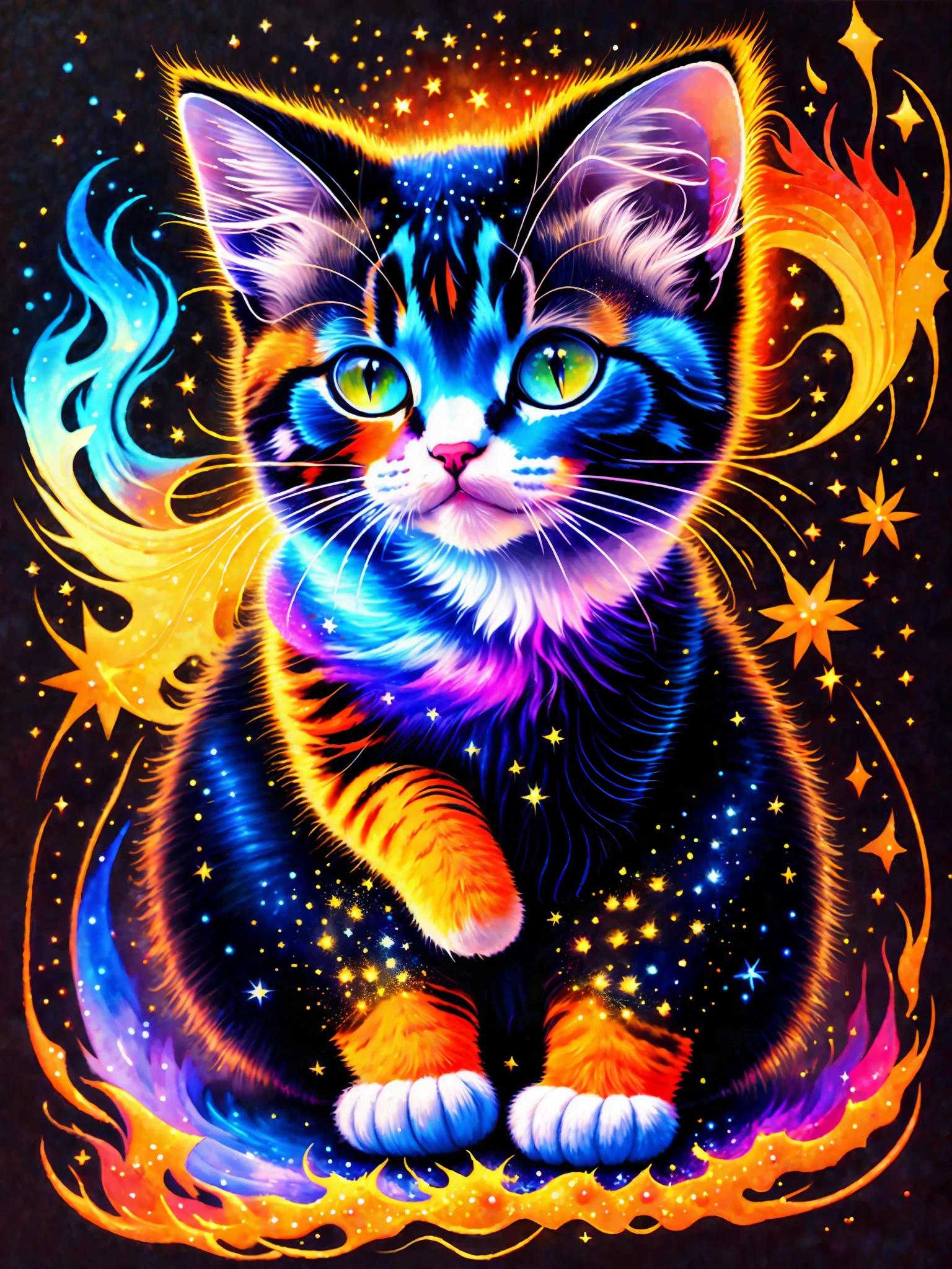 a painting of a colorful kitten on a black background,, breathtaking rendering, within a radiant connection, inspired by Kinuko Y. Craft,, magical elements, kitten icon, marvelous, casting an explosion of colored paint, bright stars, blue fire