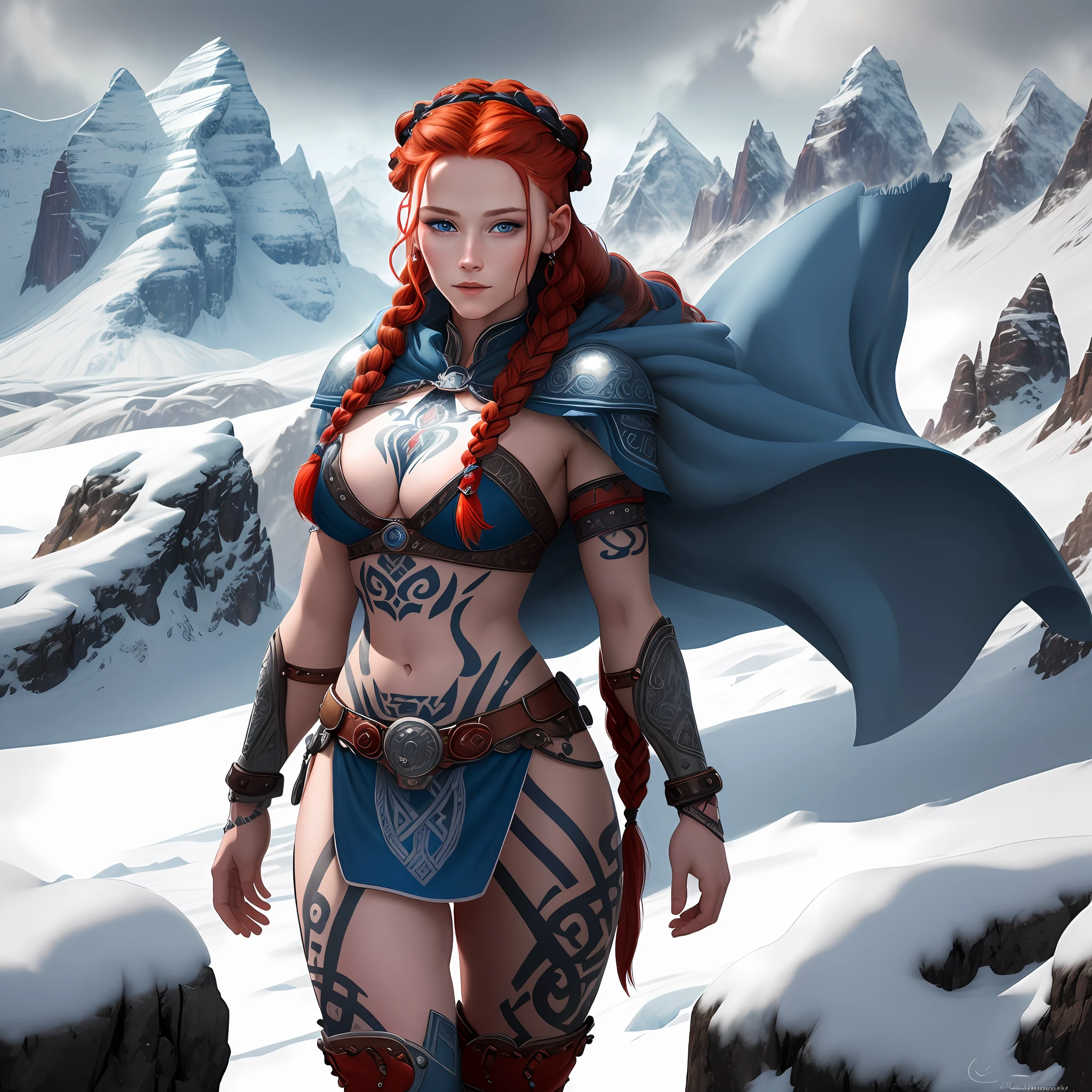 Ultra-detailed and realistic image of a delicate Viking lady around the age of 20, with heavily tattooed skin, red hair with braids, vibrant blue eyes, in a mountainous and cloudy setting full of mystery and grandeur