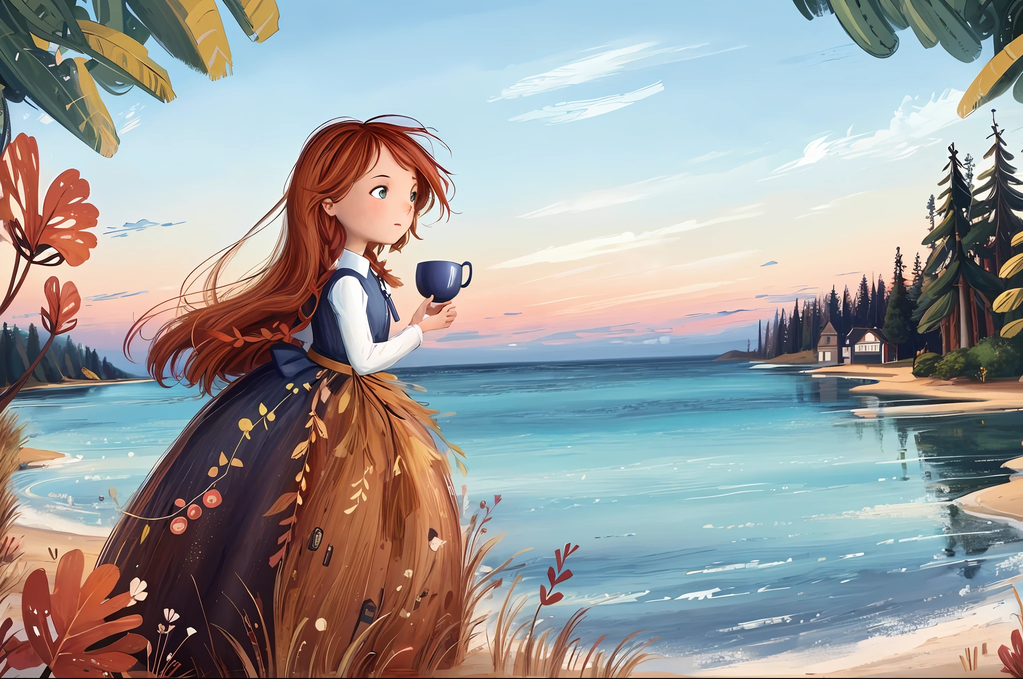 Anne discovers Green Gables' home: when Anne first came to Green Gables, she was fascinated by this warm and beautiful place, 2D, line art, illustrations