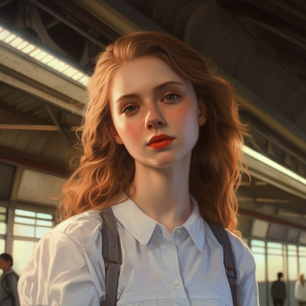 Masterpiece, high definition, 18 years old, 1girl, delicate face, white skin, conductor, V-shirt, coiled hair, in the train station