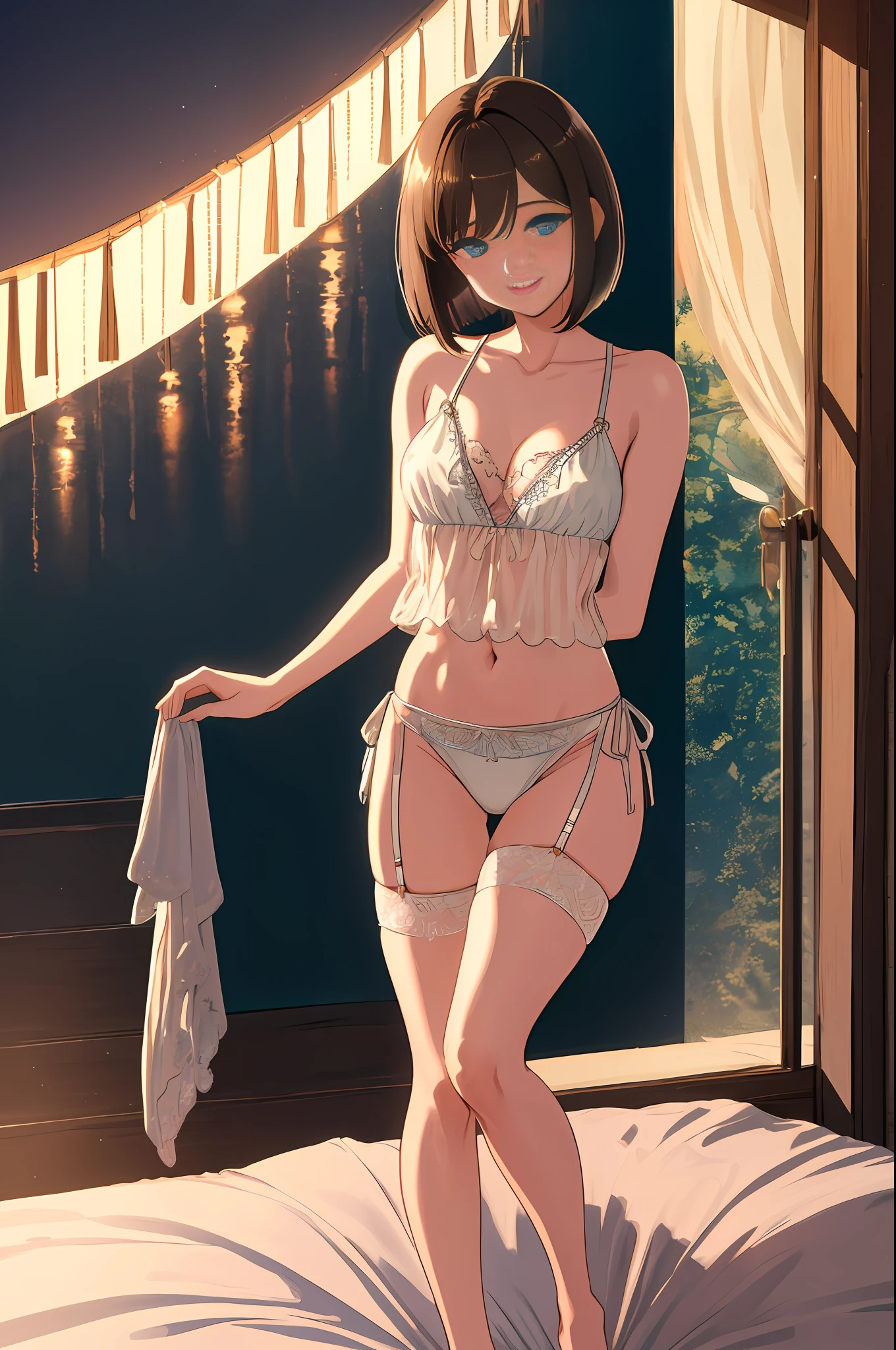 Cowboy shot, sleeping in bed, focusing on eyes, beautiful detailed full body, girl, woman, medium hair, bob cut, brown hair, detailed face, smile, intricate details beautiful and delicate eyes, parted lips, bare shoulders, delicate hands, cleavage, navel, blue eyes, side tie bikini, tank top, garter straps, see-through, collarbone, thigh gap, indoor, sunlight, sun, bokeh, Highly detailed CG 8k wallpapers,