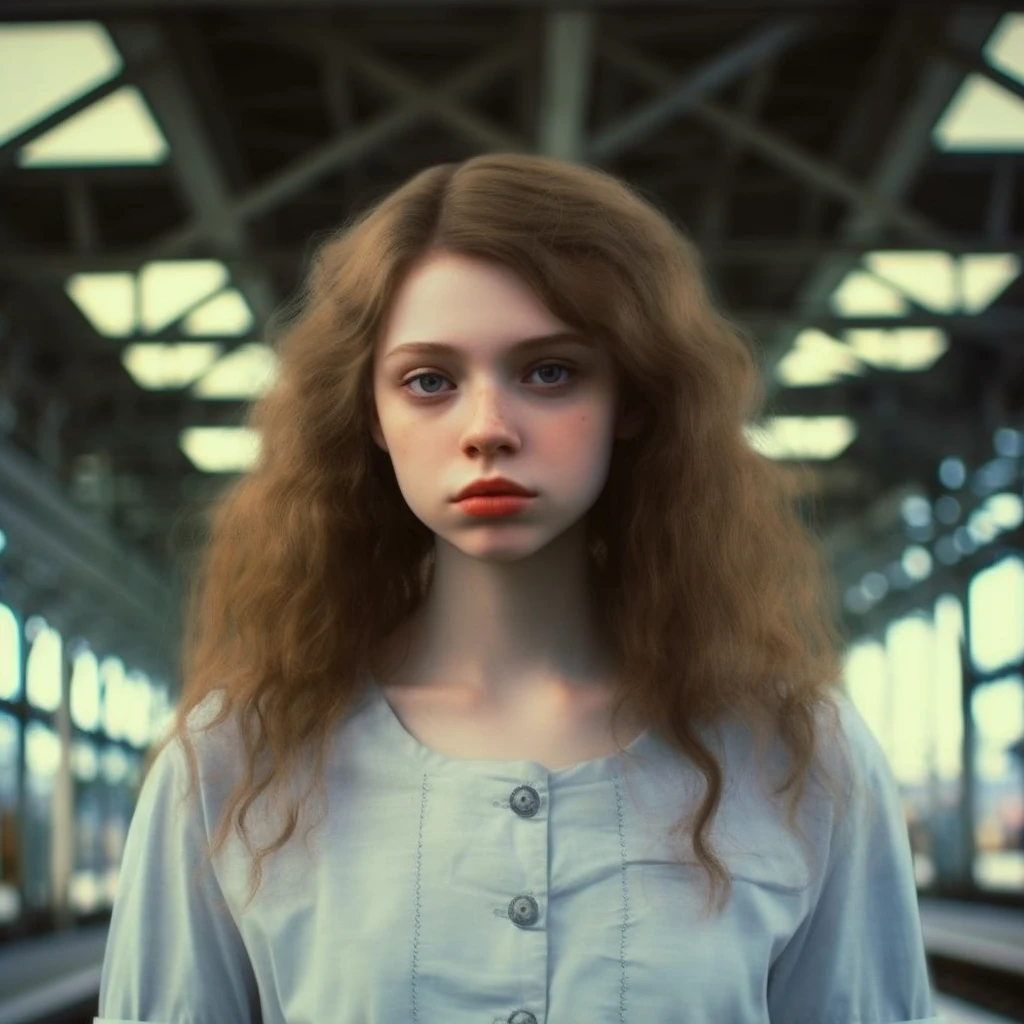 Masterpiece, high definition, 18 years old, 1girl, delicate face, white skin, conductor, V-shirt, coiled hair, in the train station