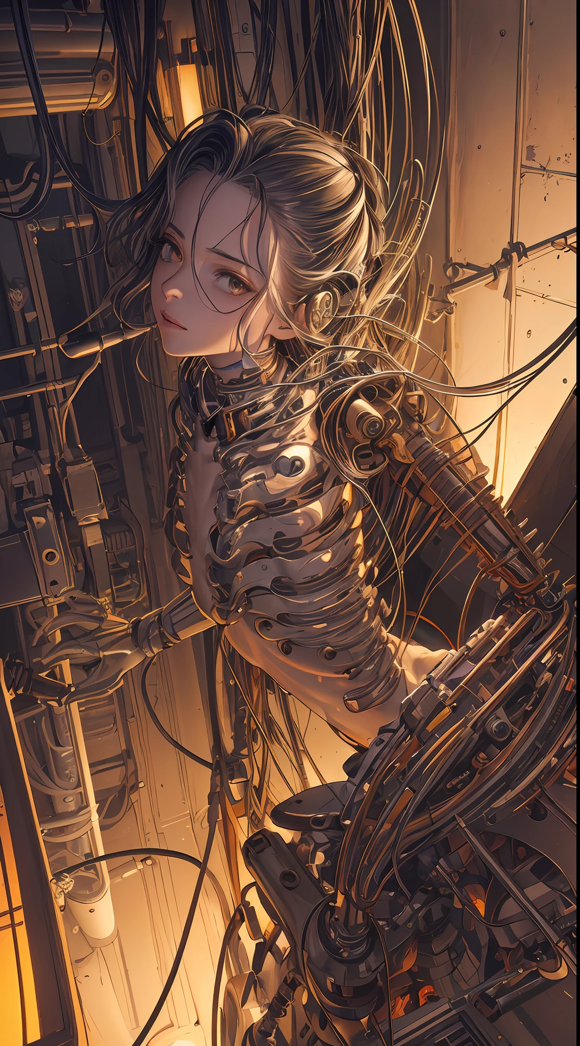 (((masterpiece))), ((best quality)), (ultra-detailed), (CG illustration), (an extremely devious and beautiful)), cinematic light, ((1 mechanical girl)), single, (machine-made joints: 1.4), ((mechanical limbs)), ( blood vessels attached to the tube), ((mechanical spine attached to the back)), ((mechanical cervical vertebrae attached to the neck), ((back to the viewer)), expressionless, (wires and cables attached to the head and body: 1.5), science fiction, the end times,