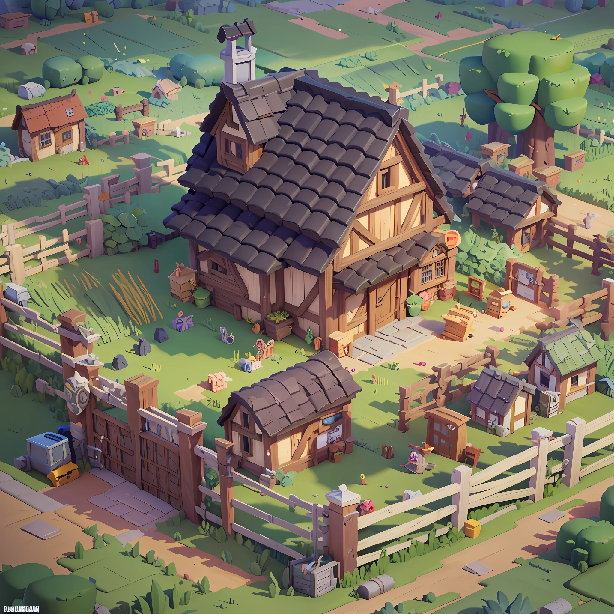 Game architectural design, cartoon, large farm buildings, farm fences and crops, farmland, incredible design, super detail, epic composition, 3d, blender, masterpiece, super detail, best quality, ultra HD