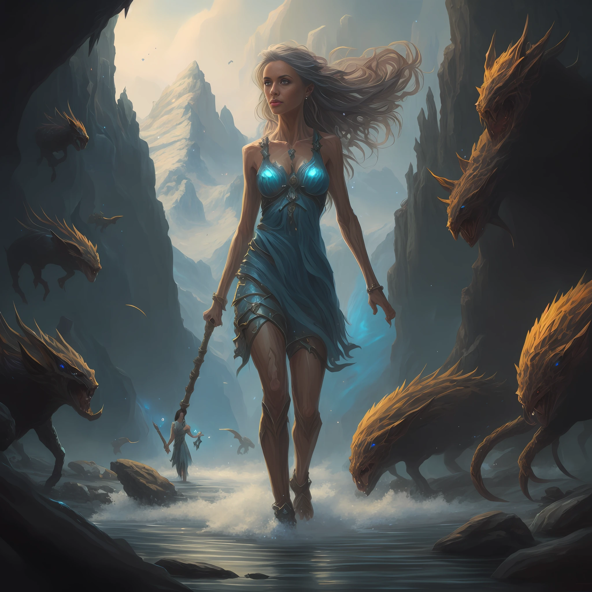 painting of a woman walking through a cave with a staff, symmetrical epic fantasy art, epic fantasy illustration, fantasy genre portrait, epic fantasy card game art, realistic fantasy illustration, epic fantasy novel cover art, epic fantasy digital art style, fantasy card game art, epic fantasy art, epic fantasty card game art, epic fantasy art style, epic fantasy sci fi illustration