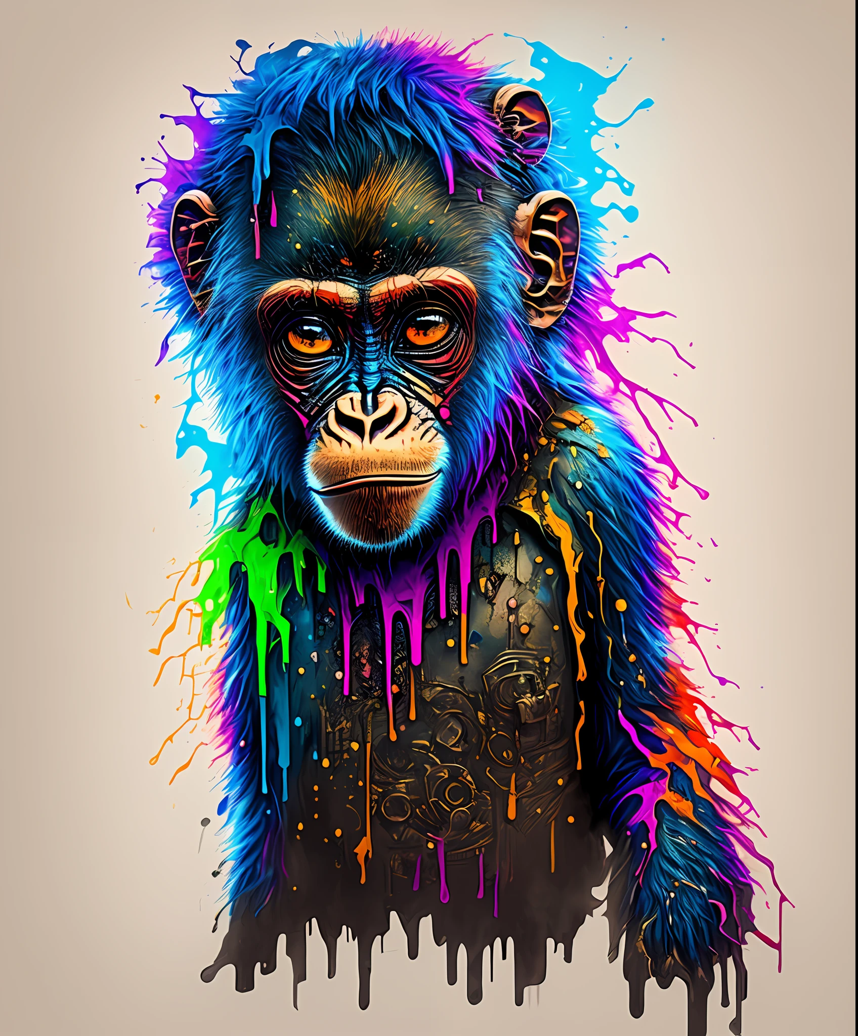 (a portrait of Cyberpunk Monkey with colored fluid), T-shirt logo in tapered thin outline style, spell view, artwork in (empty background:1.4)