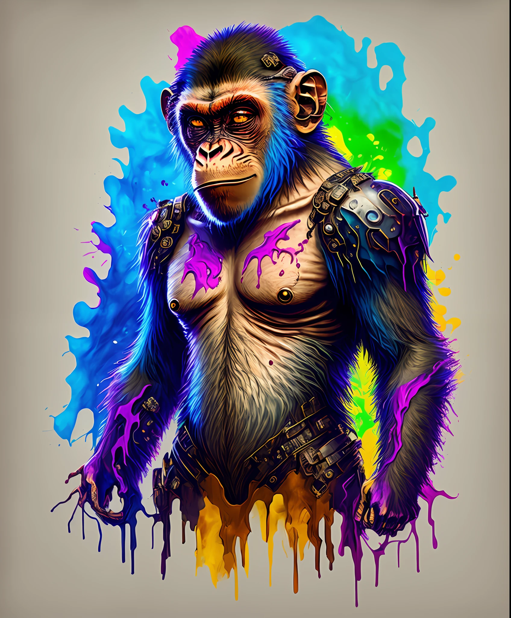 (a portrait of Cyberpunk Monkey with colored fluid), T-shirt logo in tapered thin outline style, spell view, artwork in (empty background:1.4)