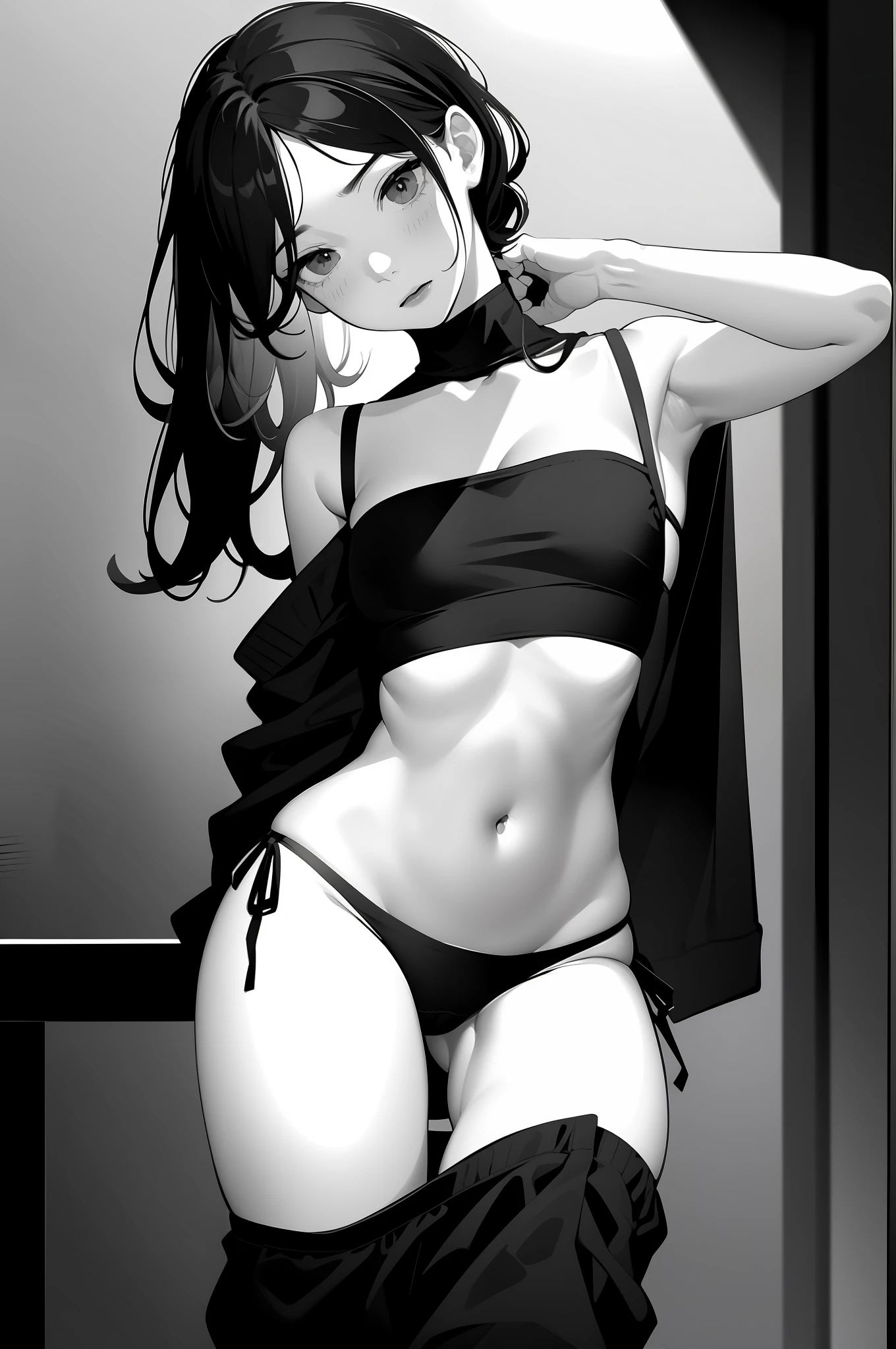 monochrome, girl, underwear, navel, thighs, disheveled clothing, embarrassed, medium, black underwear, side tie panties