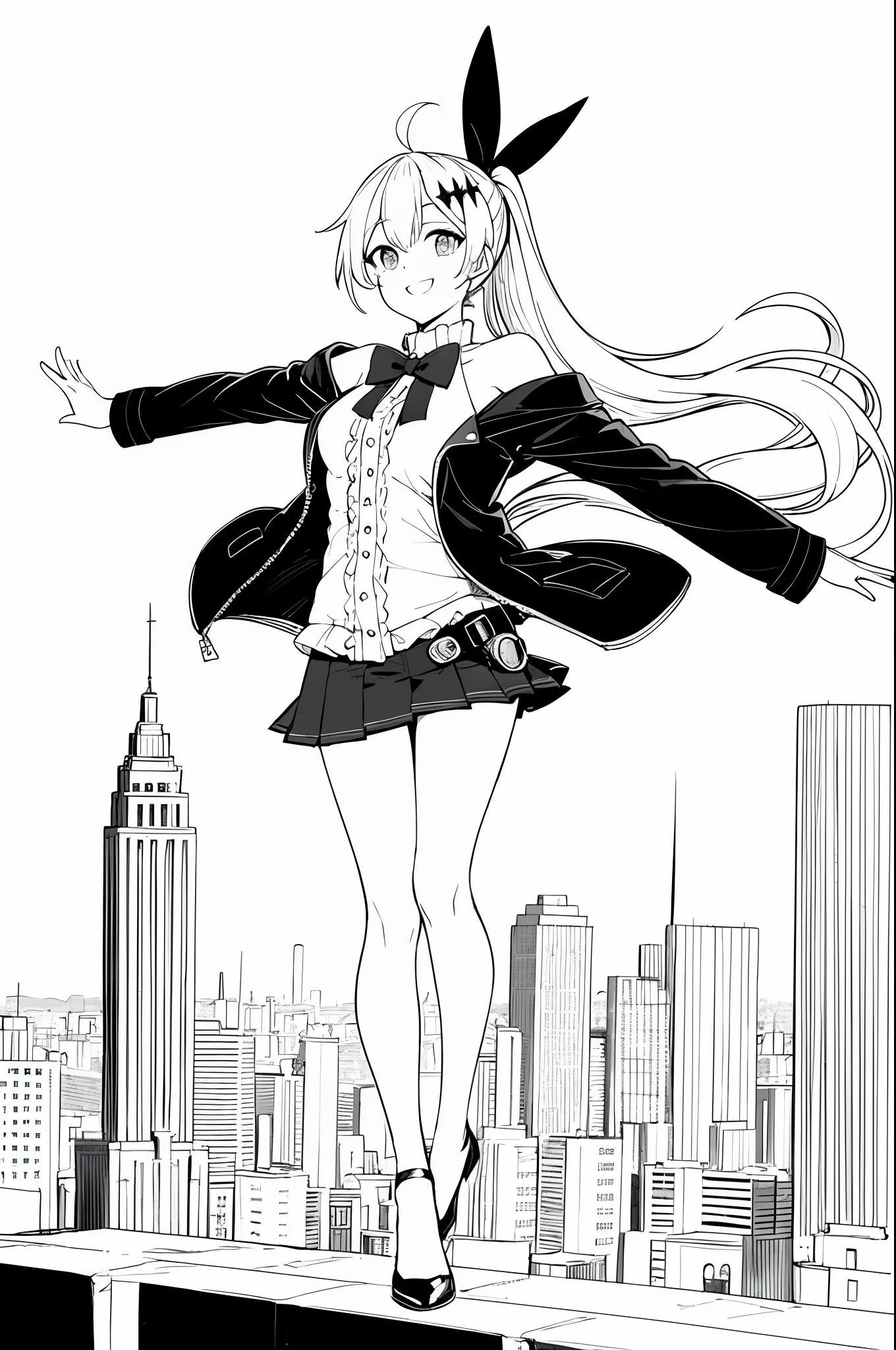 (masterpiece), (best quality), ((high resolution)), fiveseven, long ponytail, wool jacket off the shoulder, black pleated skirt, smile, city, dynamic pose, lineart