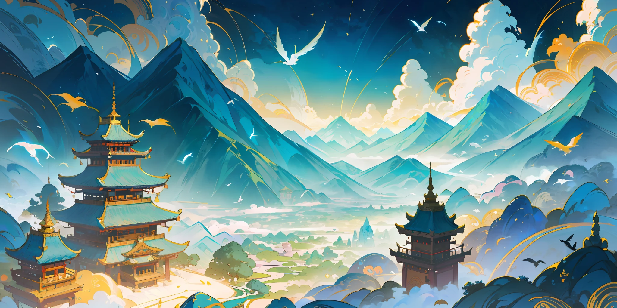 an image of an asian landscape with mountains and birds in the air, in the style of fantastical otherworldly visions, light cyan and gold, intricately mapped worlds, hyperrealistic illustrations, romanticized cityscapes, detailed character illustrations, organic shapes and curved lines, --v6