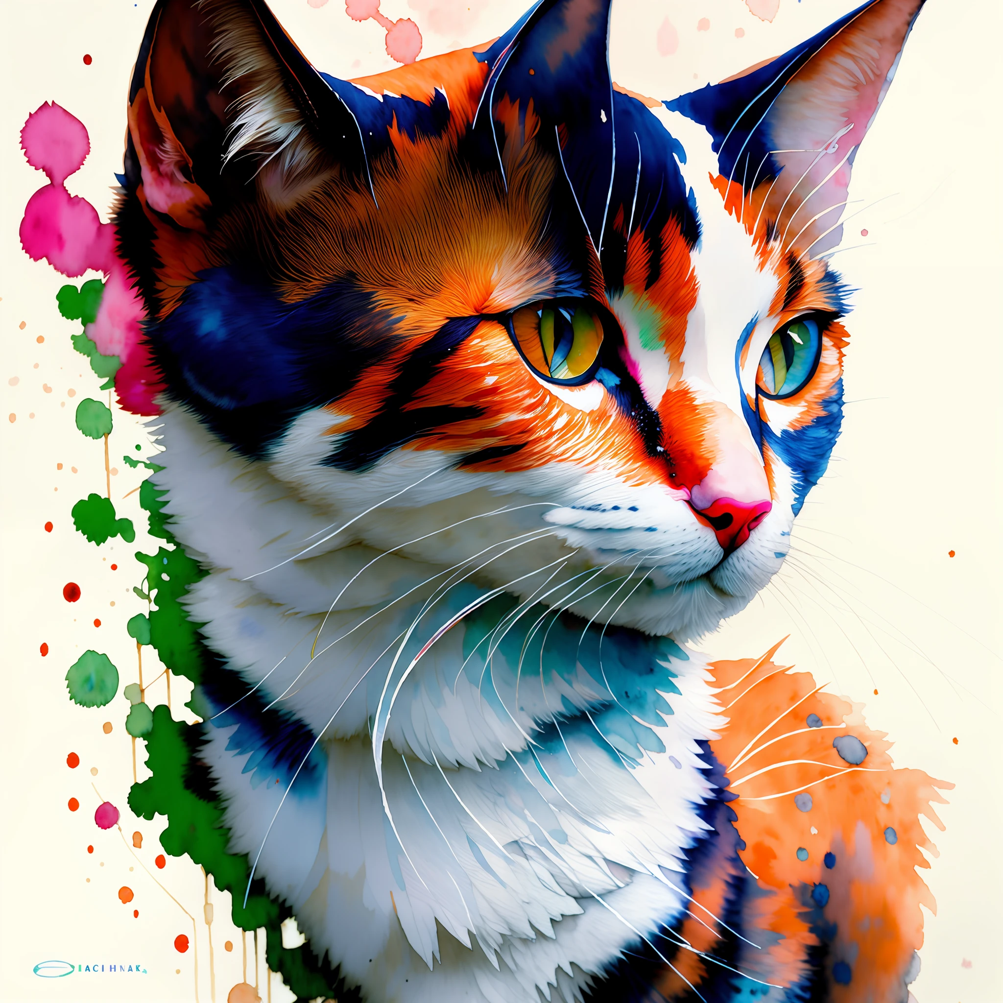 wtrcolor style, Digital art of (cat character), official art, frontal, smiling, masterpiece, Beautiful, ((watercolor)), face paint, paint splatter, intricate details. Highly detailed, detailed eyes, [dripping:0.5], Trending on artstation, by Rachel Walker