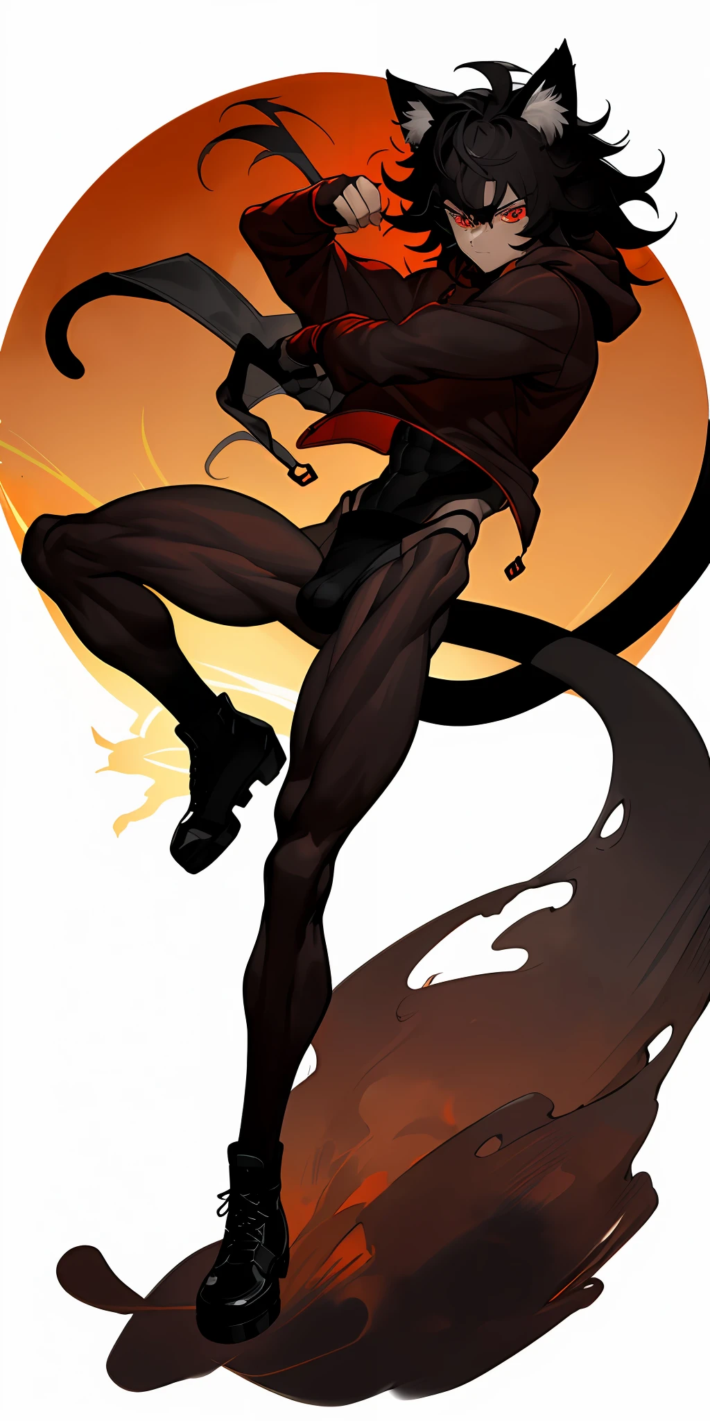 one boy, toned, flexing, sharp big cat ears, cat tail, big black messy hair, extremely vibrant red eyes, masterpiece, vibrant, bulge, slim dark black hoodie, full body view, neutral face, black thigh socks, combat boots.