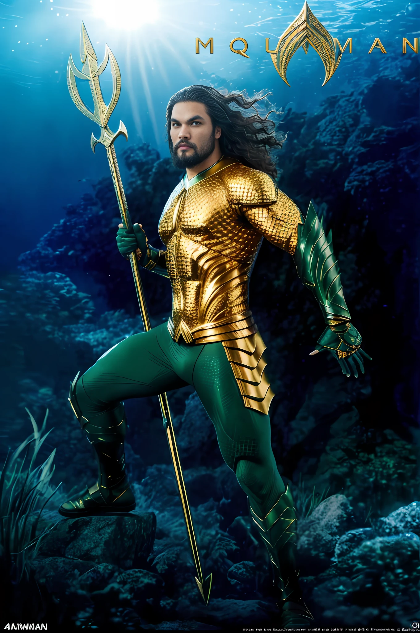 4K, Jason Momoa, Aquaman, super muscular body, curly hair, holding trident, gold armor.