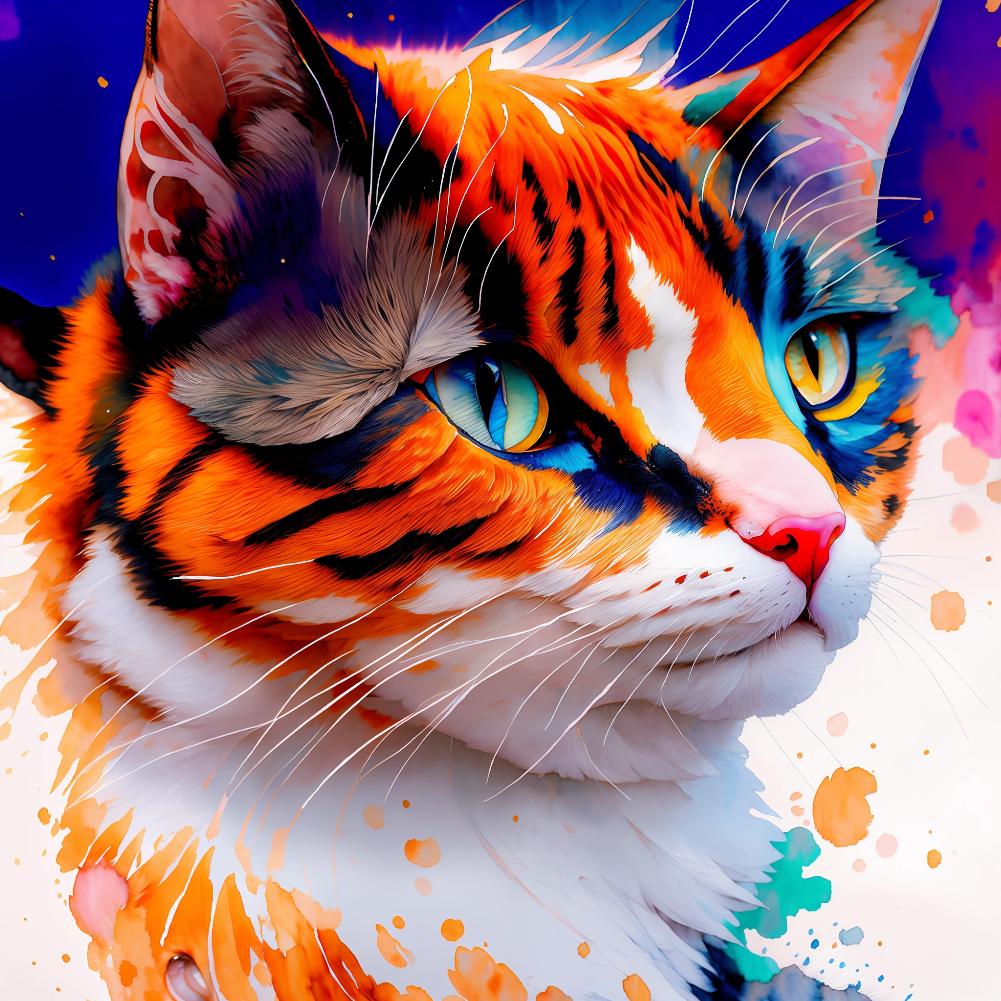 wtrcolor style, Digital art of (cat character), official art, frontal, smiling, masterpiece, Beautiful, ((watercolor)), face paint, paint splatter, intricate details. Highly detailed, detailed eyes, [dripping:0.5], Trending on artstation, by Rachel Walker