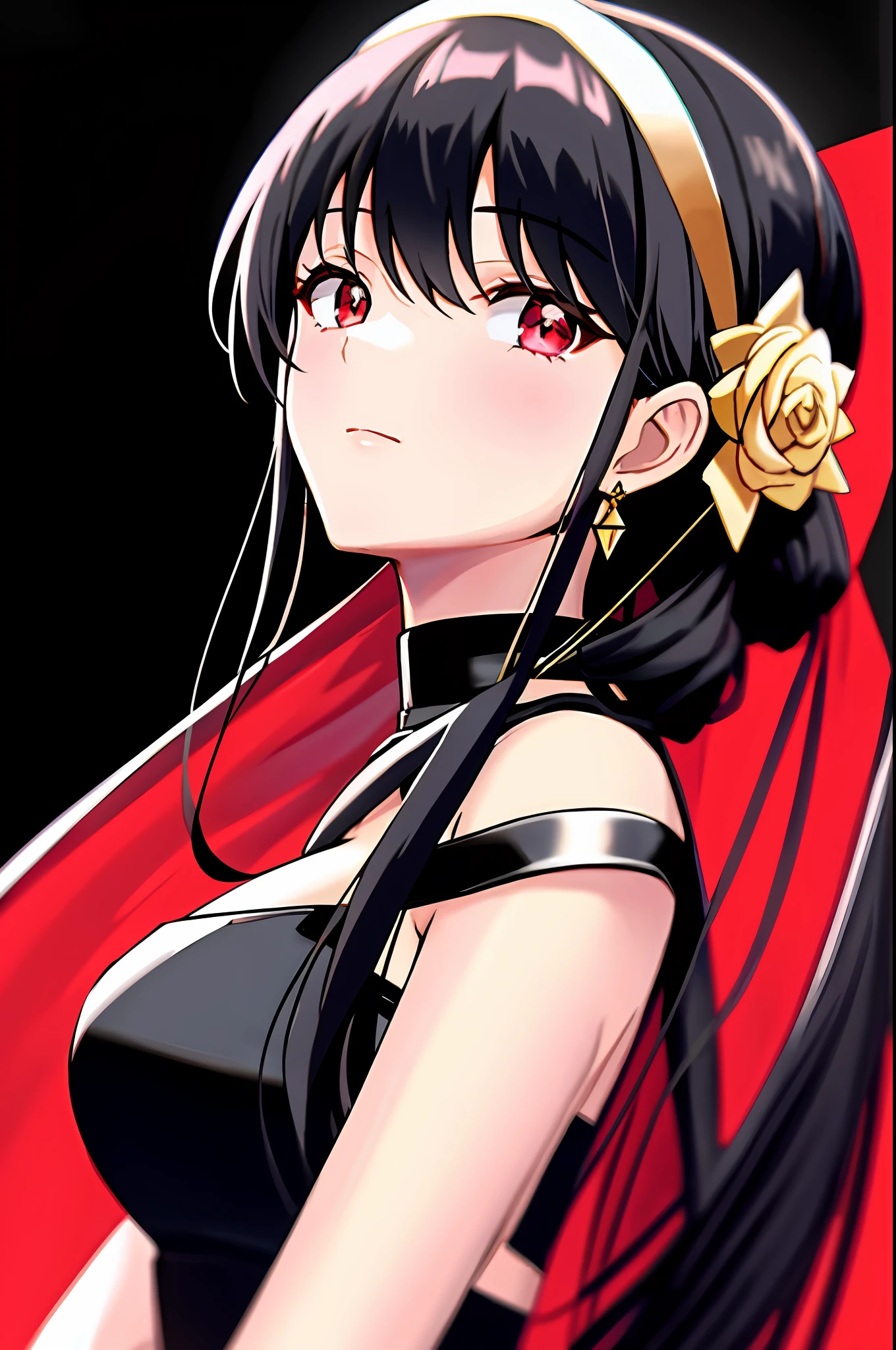 yor briar, 1girl, bare shoulders, black dress, black hair, breasts, closed mouth, dress, earrings, flower, hair flower, hair ornament, hairband, jewelry, medium breasts, long hair, looking at viewer, red eyes, sidelocks, sleeveless, solo, upper body, black background
, ((masterpiece))