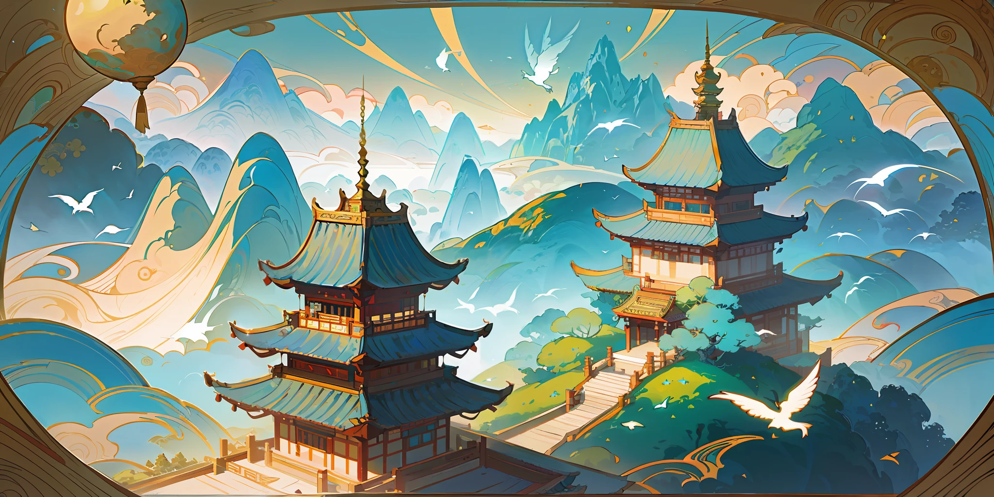 an image of an asian landscape with mountains and birds in the air, in the style of fantastical otherworldly visions, light cyan and gold, intricately mapped worlds, hyperrealistic illustrations, romanticized cityscapes, detailed character illustrations, organic shapes and curved lines, --v6