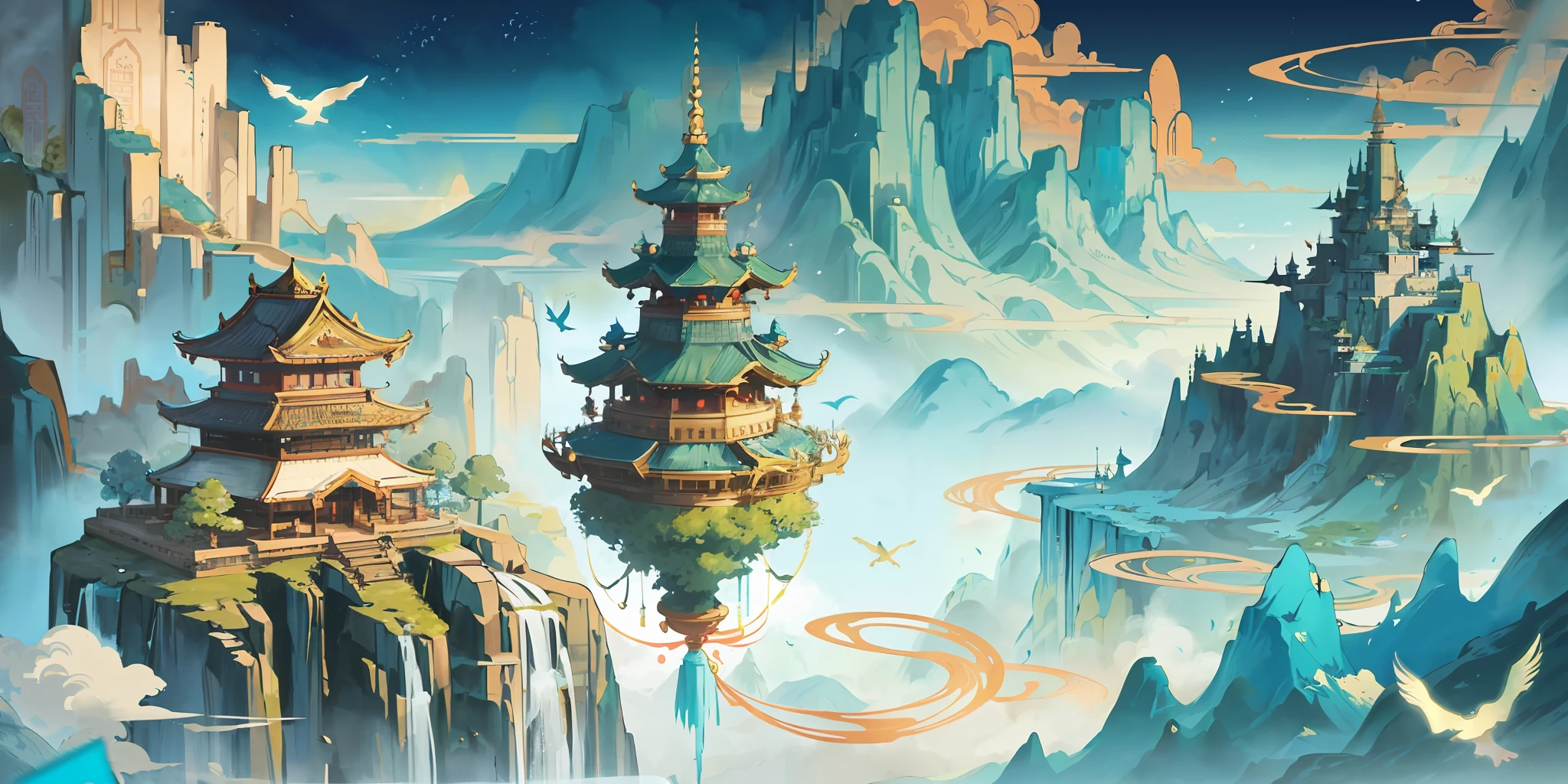 an image of an asian landscape with mountains and birds in the air, in the style of fantastical otherworldly visions, light cyan and gold, intricately mapped worlds, hyperrealistic illustrations, romanticized cityscapes, detailed character illustrations, organic shapes and curved lines, --v6