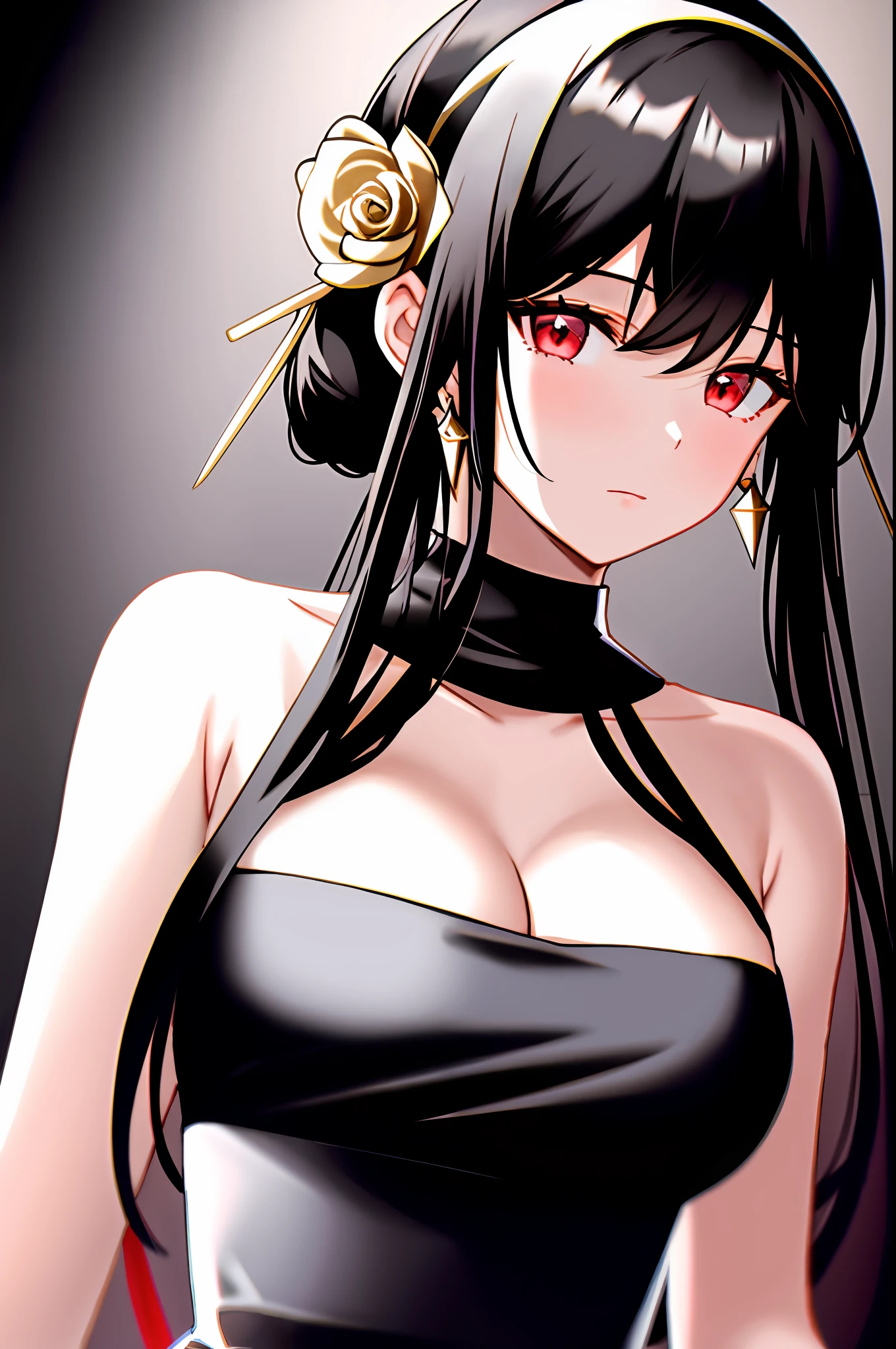 yor briar, 1girl, bare shoulders, black dress, black hair, breasts, closed mouth, dress, earrings, flower, hair flower, hair ornament, hairband, jewelry, medium breasts, long hair, looking at viewer, red eyes, sidelocks, sleeveless, solo, upper body, black background
, ((masterpiece))