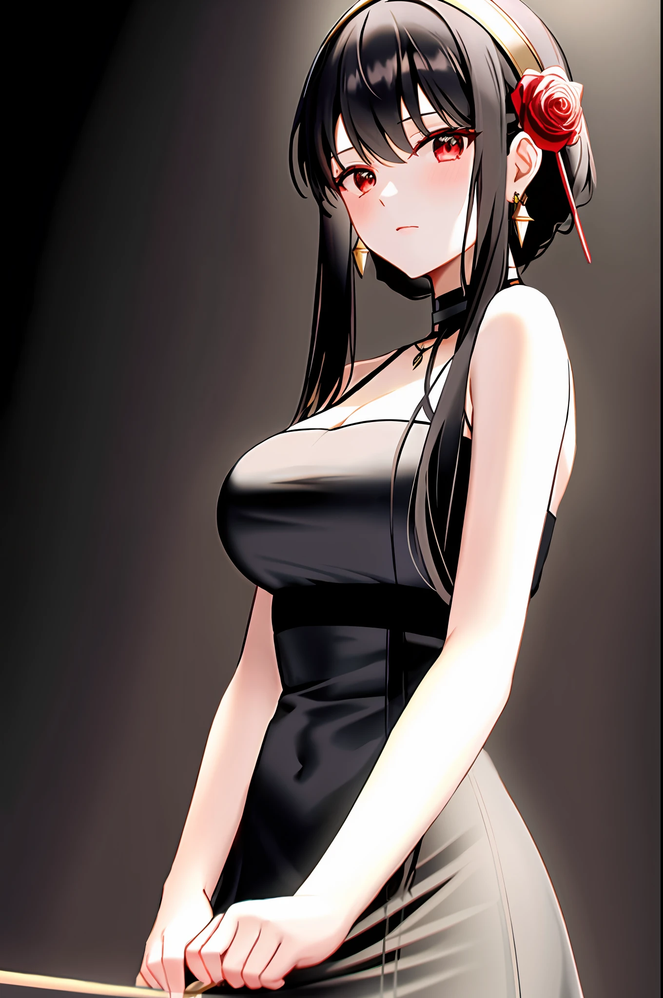 yor briar, 1girl, bare shoulders, black dress, black hair, breasts, closed mouth, dress, earrings, flower, hair flower, hair ornament, hairband, jewelry, medium breasts, long hair, looking at viewer, red eyes, sidelocks, sleeveless, solo, upper body, black background
, ((masterpiece))