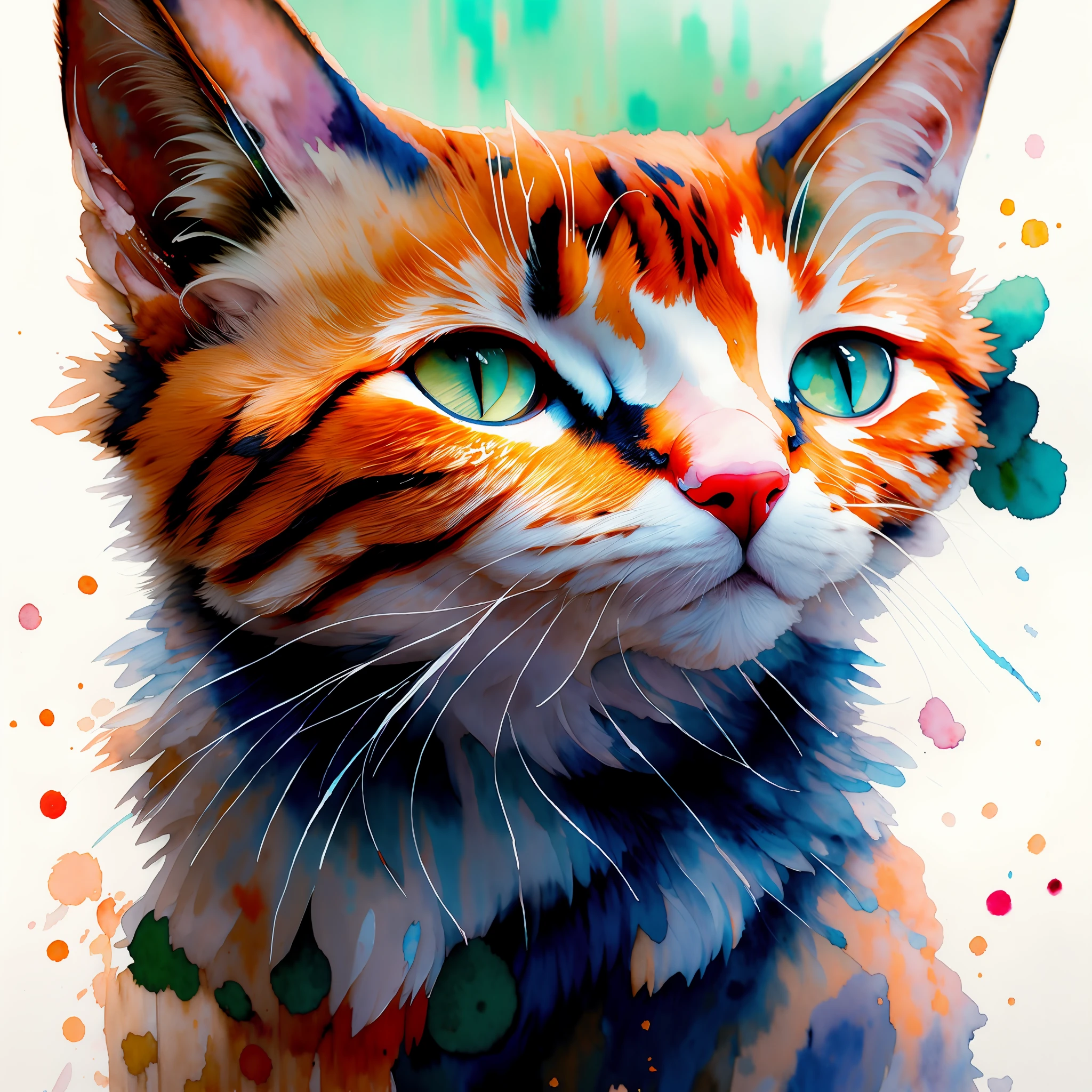 wtrcolor style, Digital art of (cat character), official art, frontal, smiling, masterpiece, Beautiful, ((watercolor)), face paint, paint splatter, intricate details. Highly detailed, detailed eyes, [dripping:0.5], Trending on artstation, by Rachel Walker