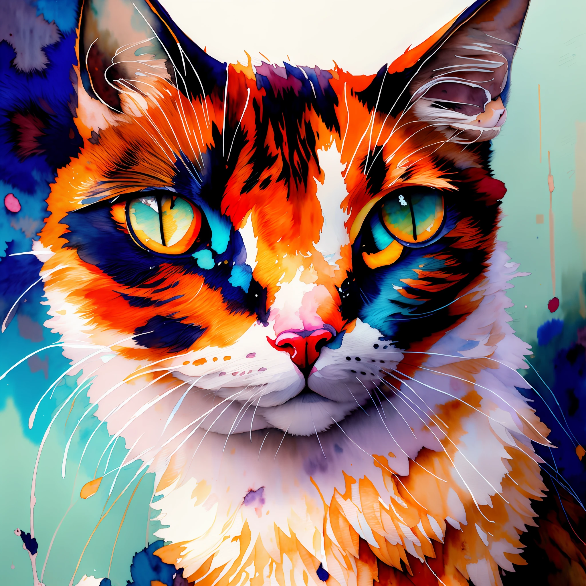 wtrcolor style, Digital art of (cat character), official art, frontal, smiling, masterpiece, Beautiful, ((watercolor)), face paint, paint splatter, intricate details. Highly detailed, detailed eyes, [dripping:0.5], Trending on artstation, by Rachel Walker
