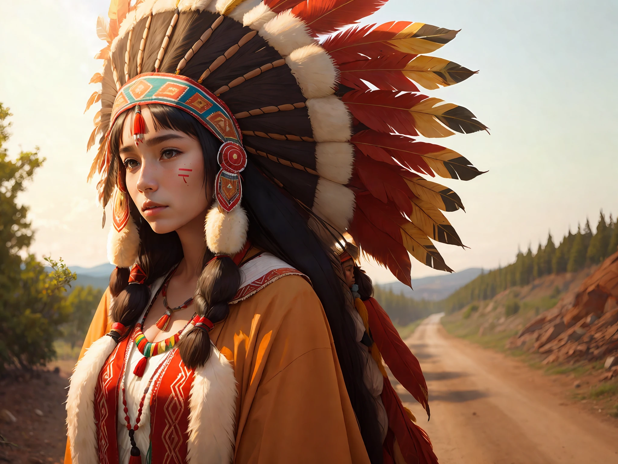 A woman in a giant indigenous headdress and dressed in colors