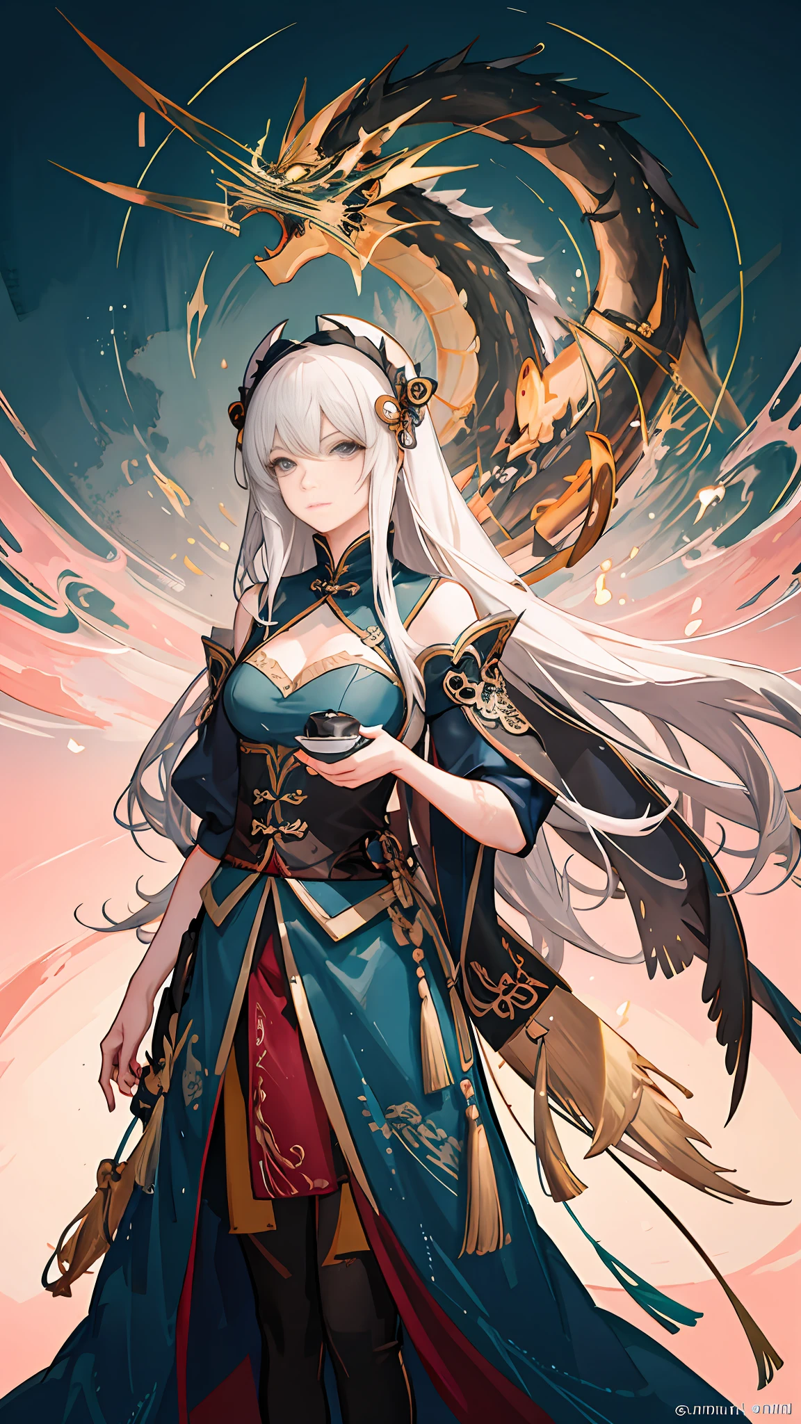 (((2.5D), Ms. Long, Authoritative Anime, ArtStation, Nguyen Jiahe Art Germ, Light and Shadow Art, Beauty, Exquisite Facial Features, Art Atmosphere)), (Feminine, Fantasy Illustration, Pan Chengwei, Epic, Fenghua Bell, Top Shot, Exquisite Character Art), (Dragon, Exquisite, Handheld Dragon, CG Society), (Gorgeous Tones, Orange Tones), (Advanced Light, Contrast, Strong Deep Shadow), (Aesthetic, Pure Beauty), (Perfect, Details in Place), (Simple Line Drawing, Light and shadow echo).