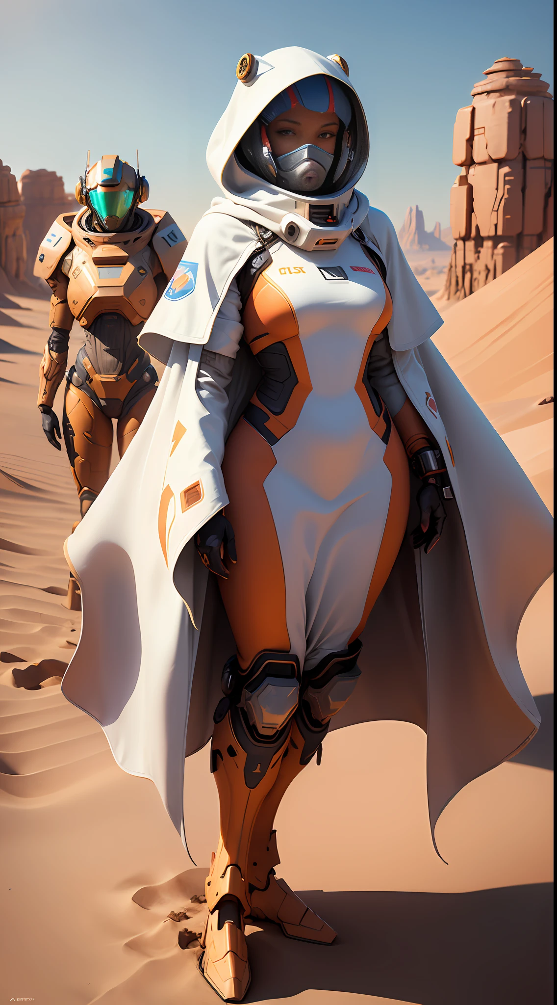 a man in a space suit standing in the desert, polycount contest winner, afrofuturism, 8k detail, wearing sci - fi cloak with hood, anfas portrait of a mech warrior, 8k octae render photo, retrofuturistic female android, red desert mars, detailed armor with white scarf, shading unreal engine 5