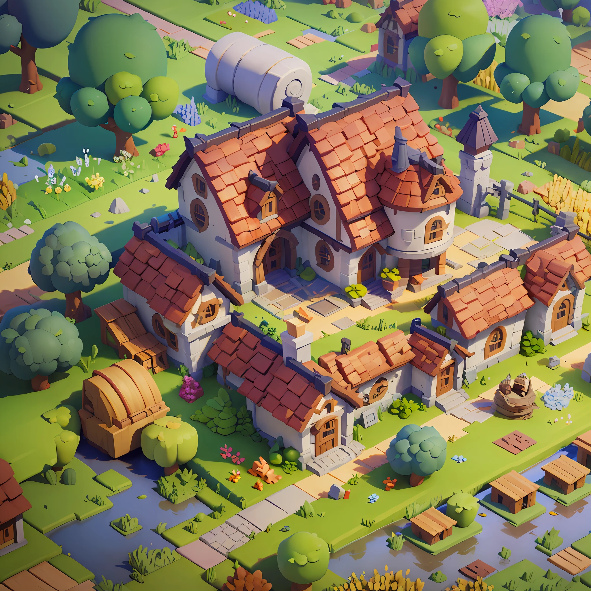 Game architecture design, cartoon, farm, stone, brick, grass, river, flowers, vegetables, wheat, trees, animals, casual play style, 3d, blender, masterpiece, super detail, best quality