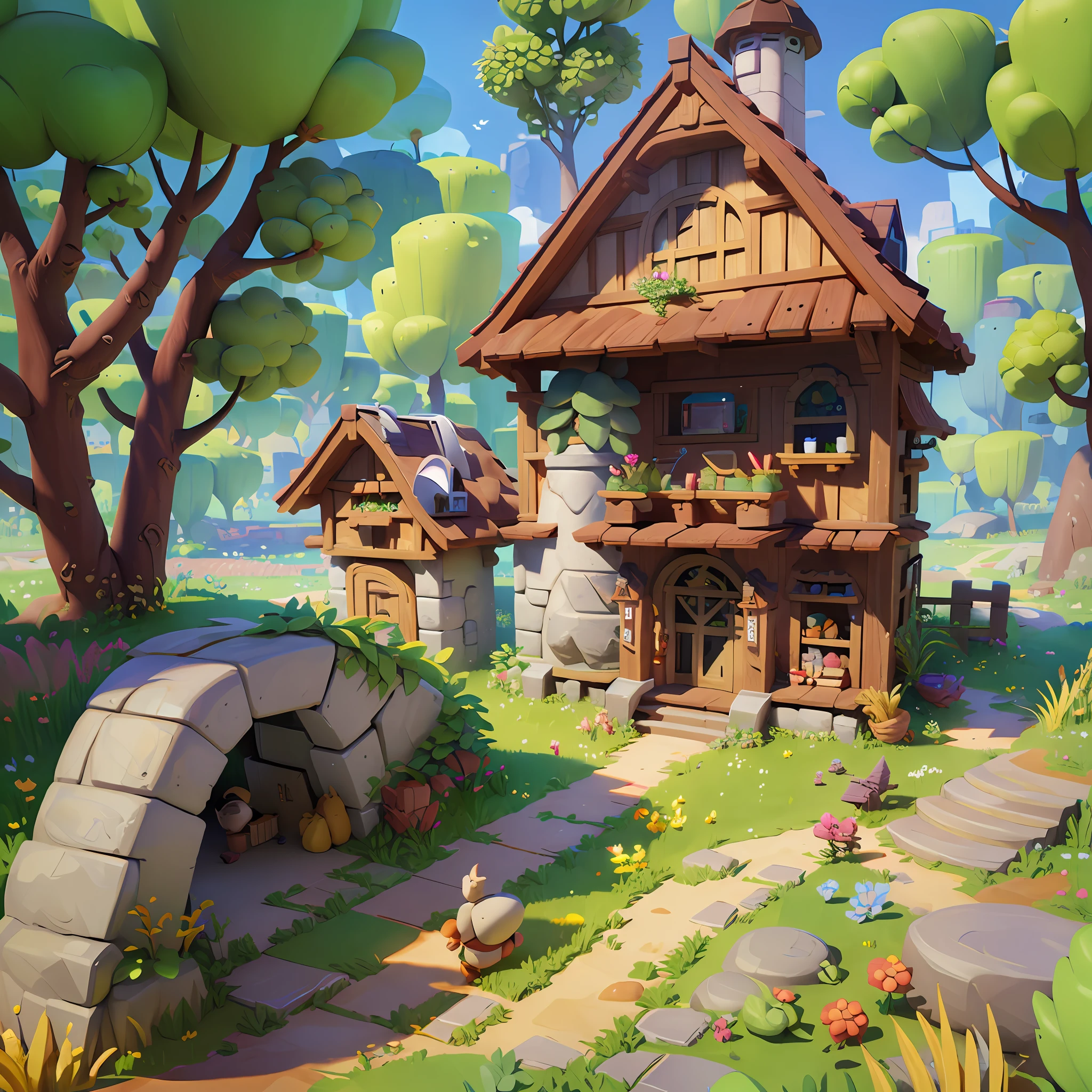 Game architecture design, cartoon, farm, stone, brick, grass, river, flowers, vegetables, wheat, trees, animals, casual play style, 3d, blender, masterpiece, super detail, best quality