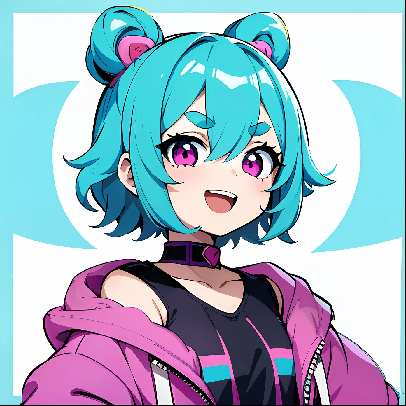 best quality, masterpiece, portrait of a cute girl, ((solo)), 1girl, (cyan short hair), cyan hair, thick eyebrows, pink eyes, :d, fat, purple jacket, (chibi:1), cute, white background, ((happy)), chibi,