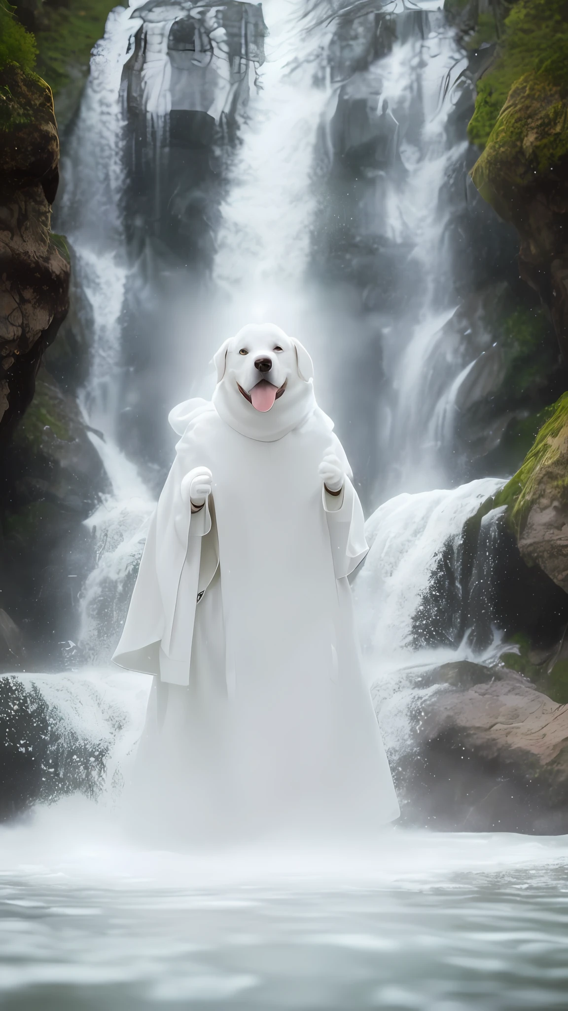 RAW photo, anthropomorphic, a white dog, wearing a white robe, full body, front, portrait, real world, highest quality, DSLR, fixed focus, contour light, cold tone, waterfall background, splash, Tyndall effect, cold light source, large contrast, large depth of field,