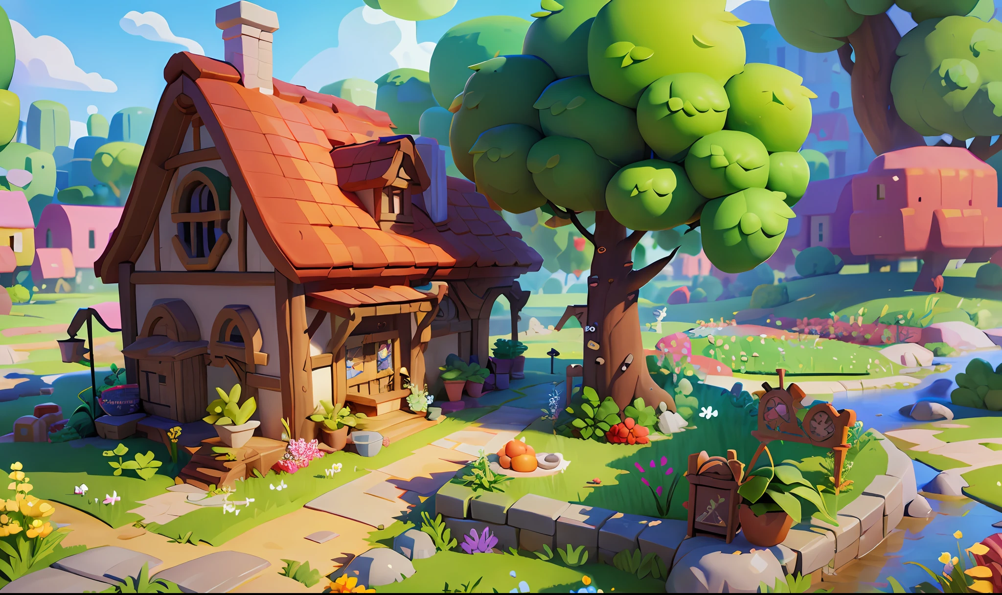 Game architecture design, cartoon, farm, stone, brick, grass, river, flowers, vegetables, wheat, trees, animals, casual play style, 3d, blender, masterpiece, super detail, best quality