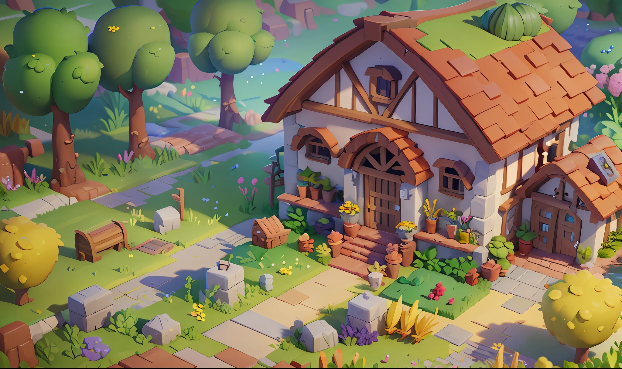 Game architecture design, cartoon, farm, stone, brick, grass, river, flowers, vegetables, wheat, trees, animals, casual play style, 3d, blender, masterpiece, super detail, best quality