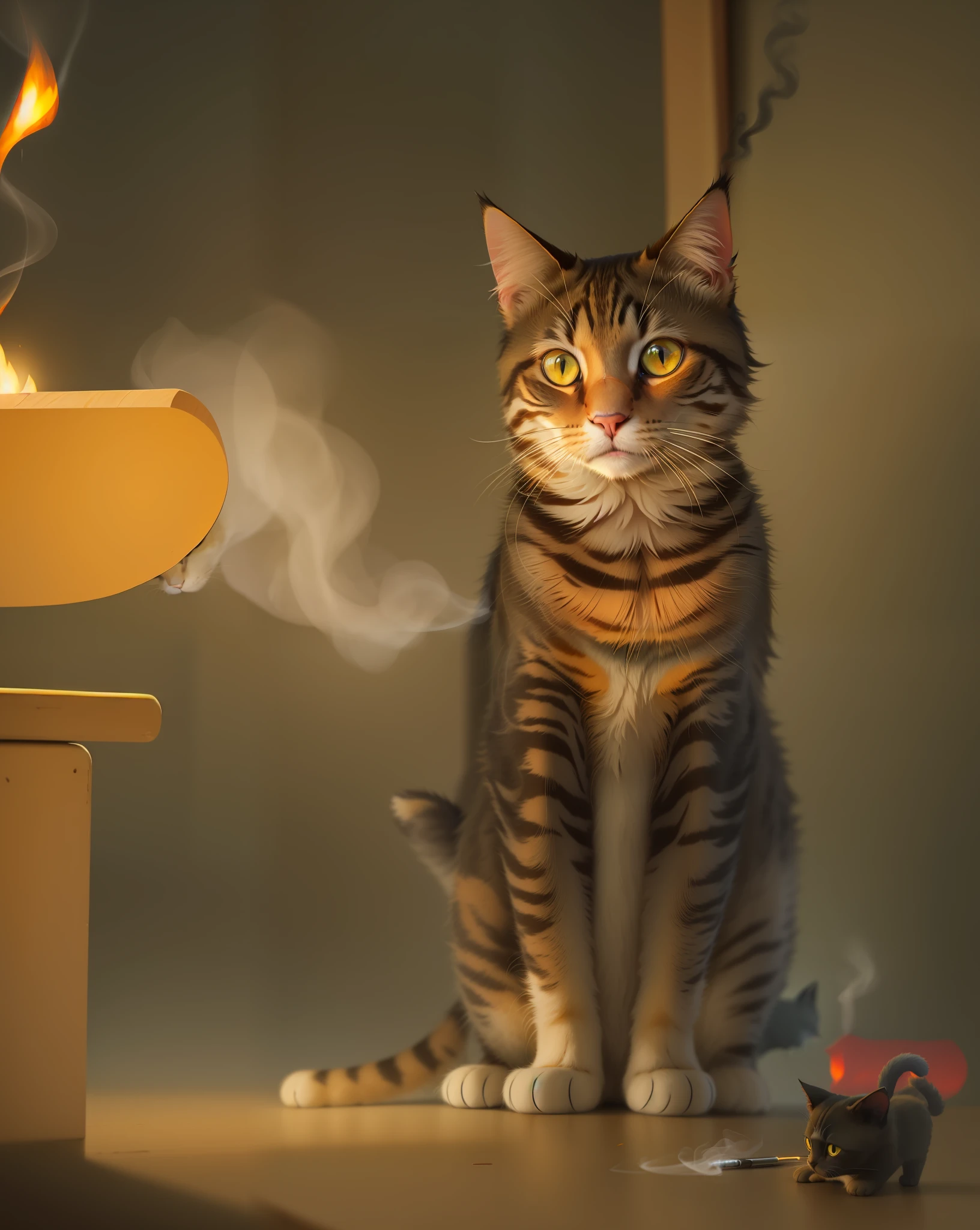 there is a cat that is sitting in front of a fire, photo of a cat, cat on the table in front of her, cat smoking a cigarette, by Emma Andijewska, beautiful picture of stray, cat photo, demon cat, beautiful light big eyes, with glowing yellow eyes, cat witch, with glowing eyes, subtle fog and mood lighting