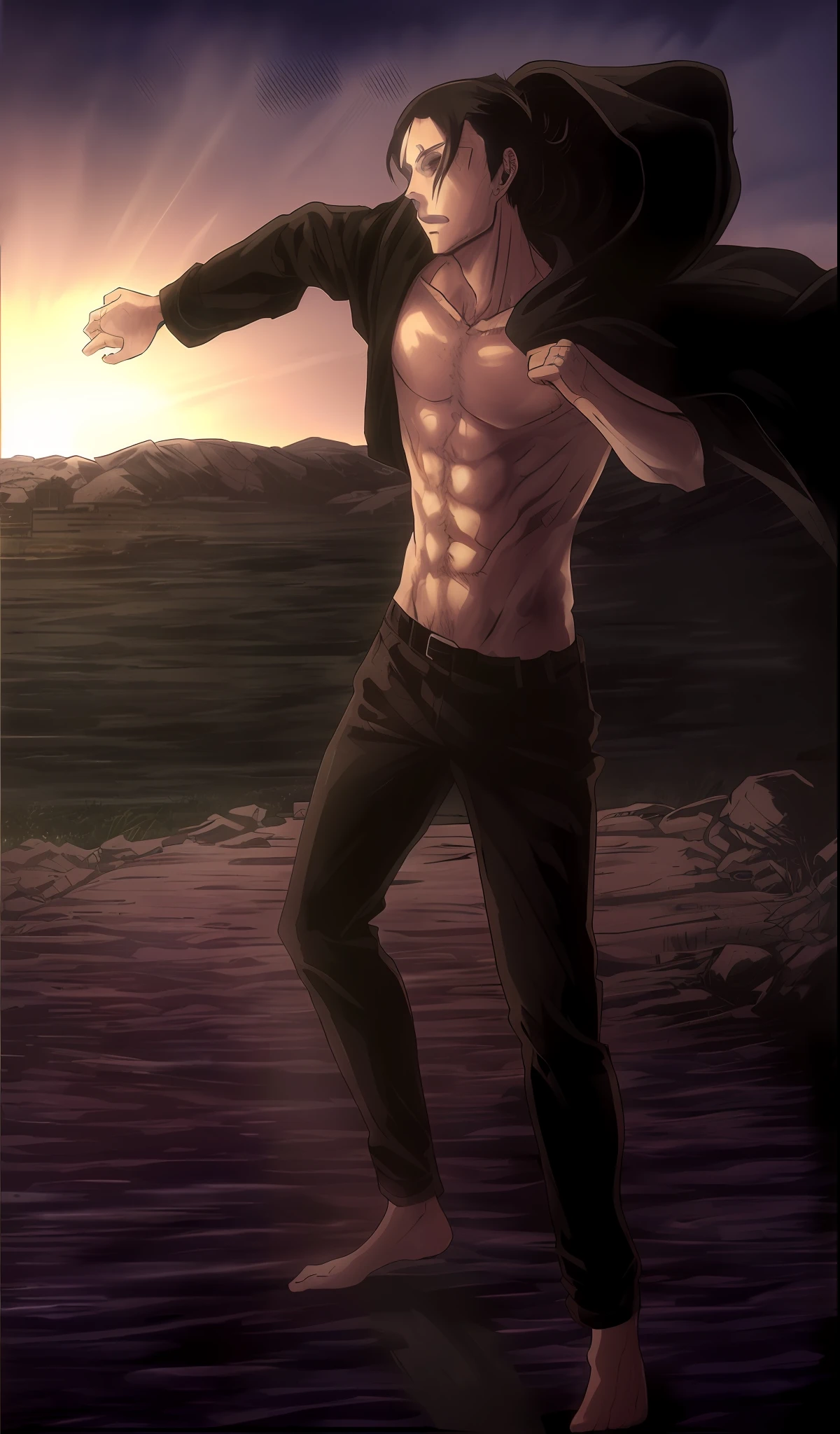 best quality, masterpiece, (realistic: 1.2), 1 man, Eren Jaeger, real life, live action, black jeans, black pants, brown hair, attack on Titan, cold background, black jacket, slim body, high definition, high quality, black clothes